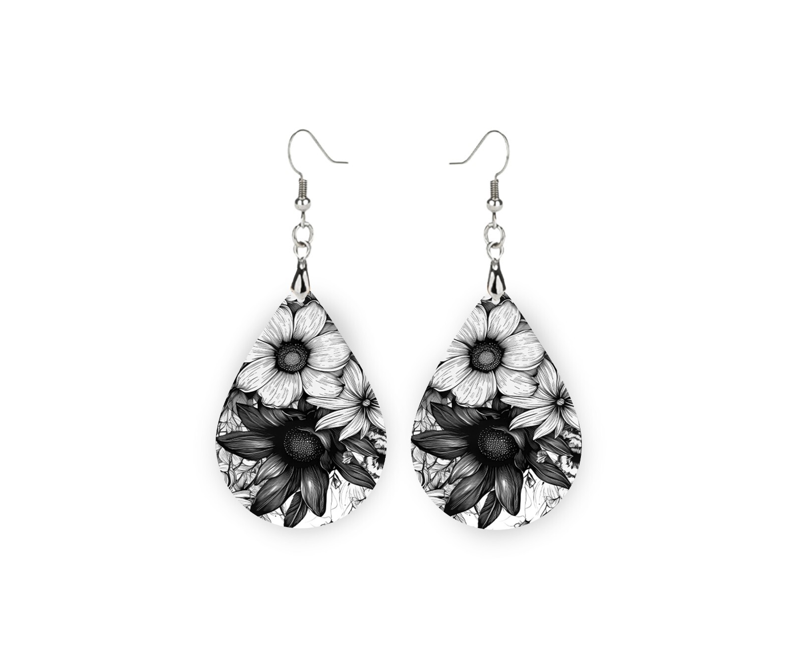 Black and White Floral Print Wood Dangle Teardrop Print Earrings Jewelry