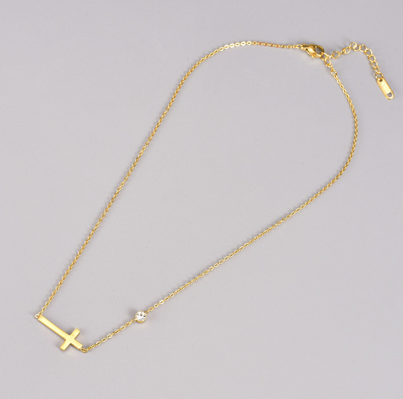 Stainless Steel “Sideways Cross” CZ Pendant 18K Gold Plated Necklace Gift PE11