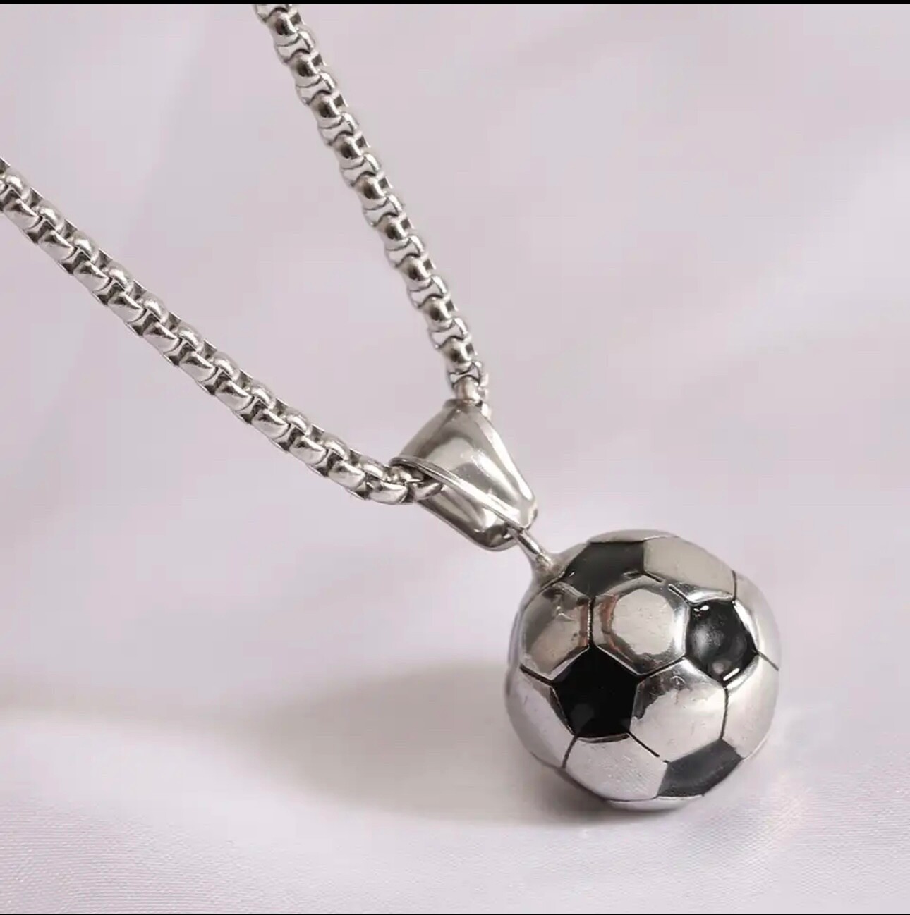 14K White Gold Plated 24” Soccer Ball Box Link Necklace