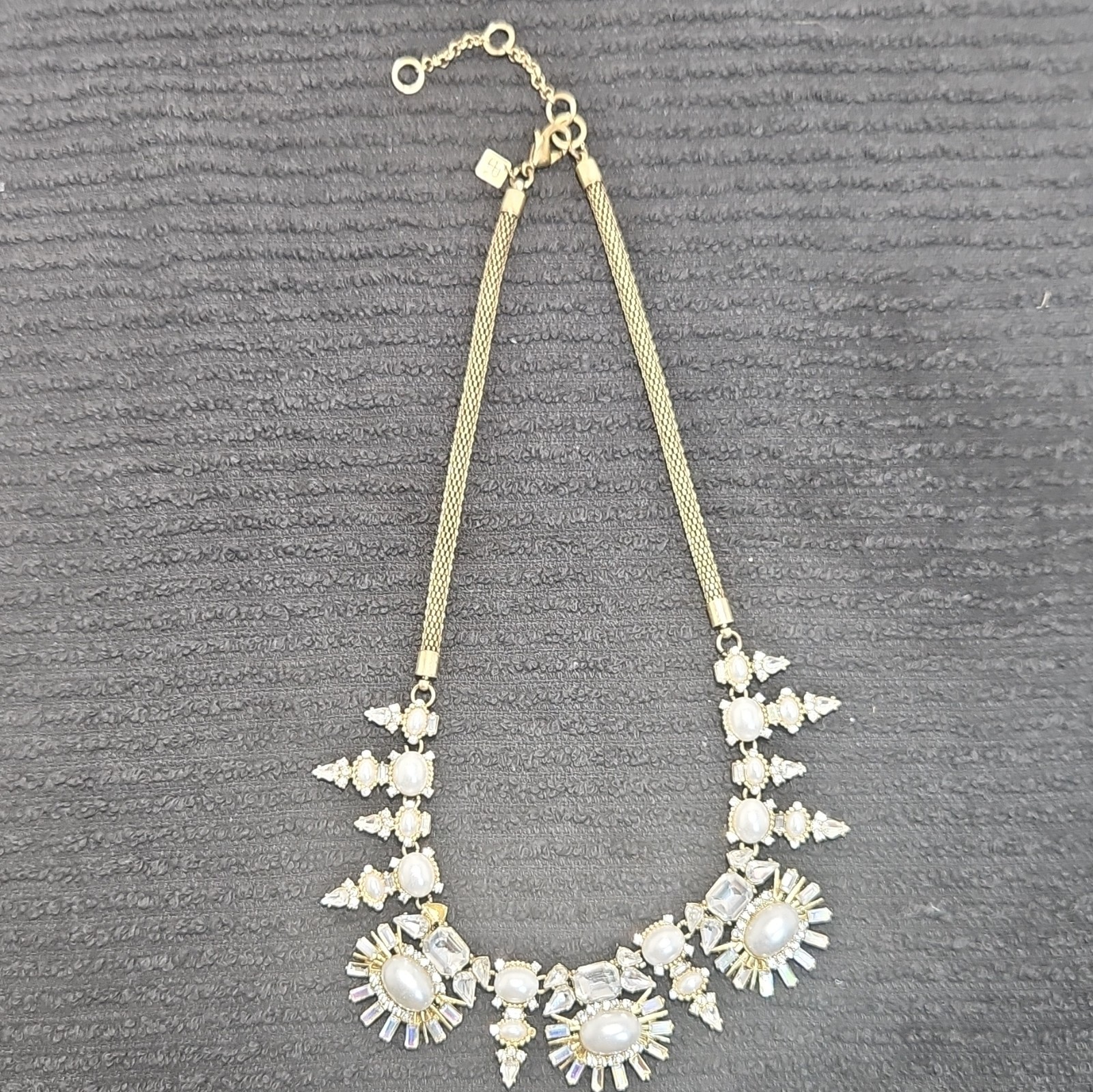 BaubleBar Gold Tone Mesh Chain Statement Necklace Faux Pearl Crystal Adj