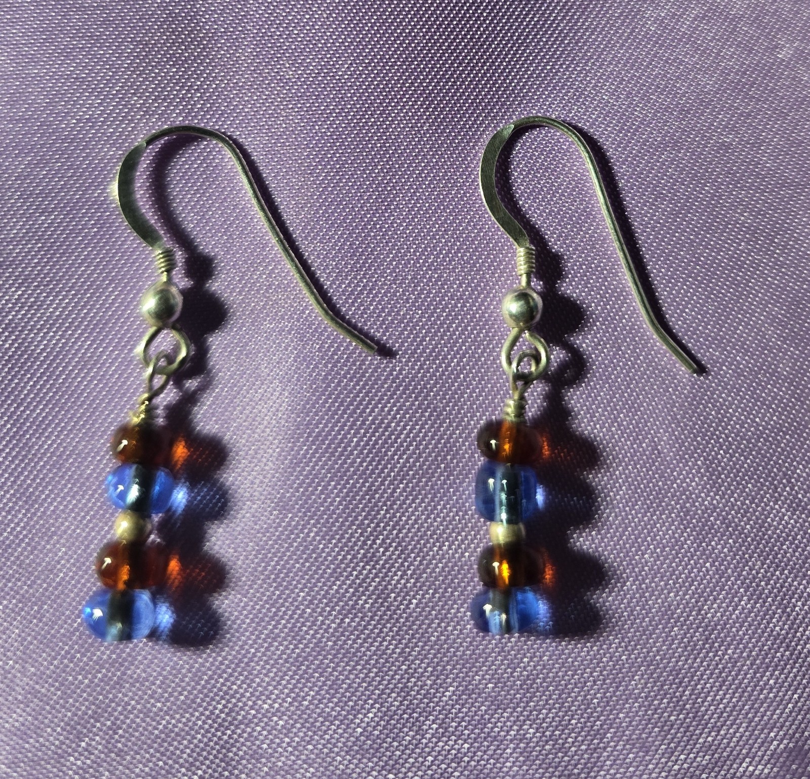 Silver Dangle Earrings w/Blue & Red Beads; Sterling Ear Wires 0.7″ (M26-46)