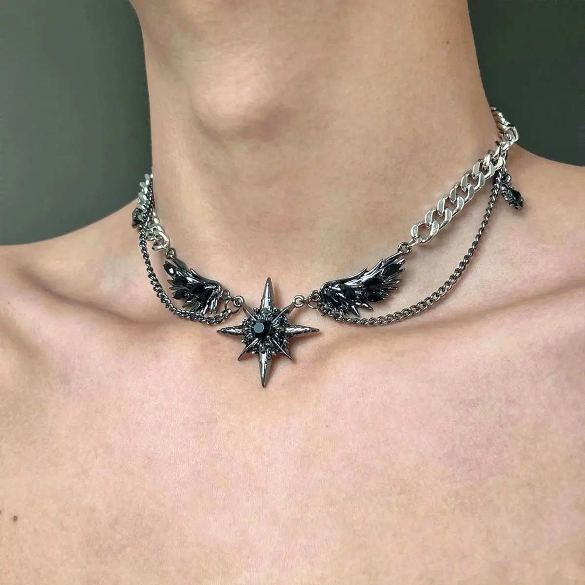 Heart Pendant Necklace Black Wings Star Chain Gothic Style Women Jewelry