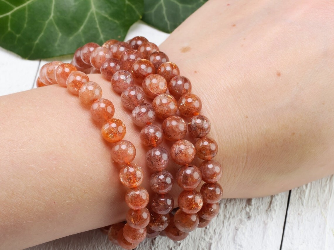 Natural Orange Sunstone Crystal Bracelet Gold Sheen Gemstone Stretch Bracelet