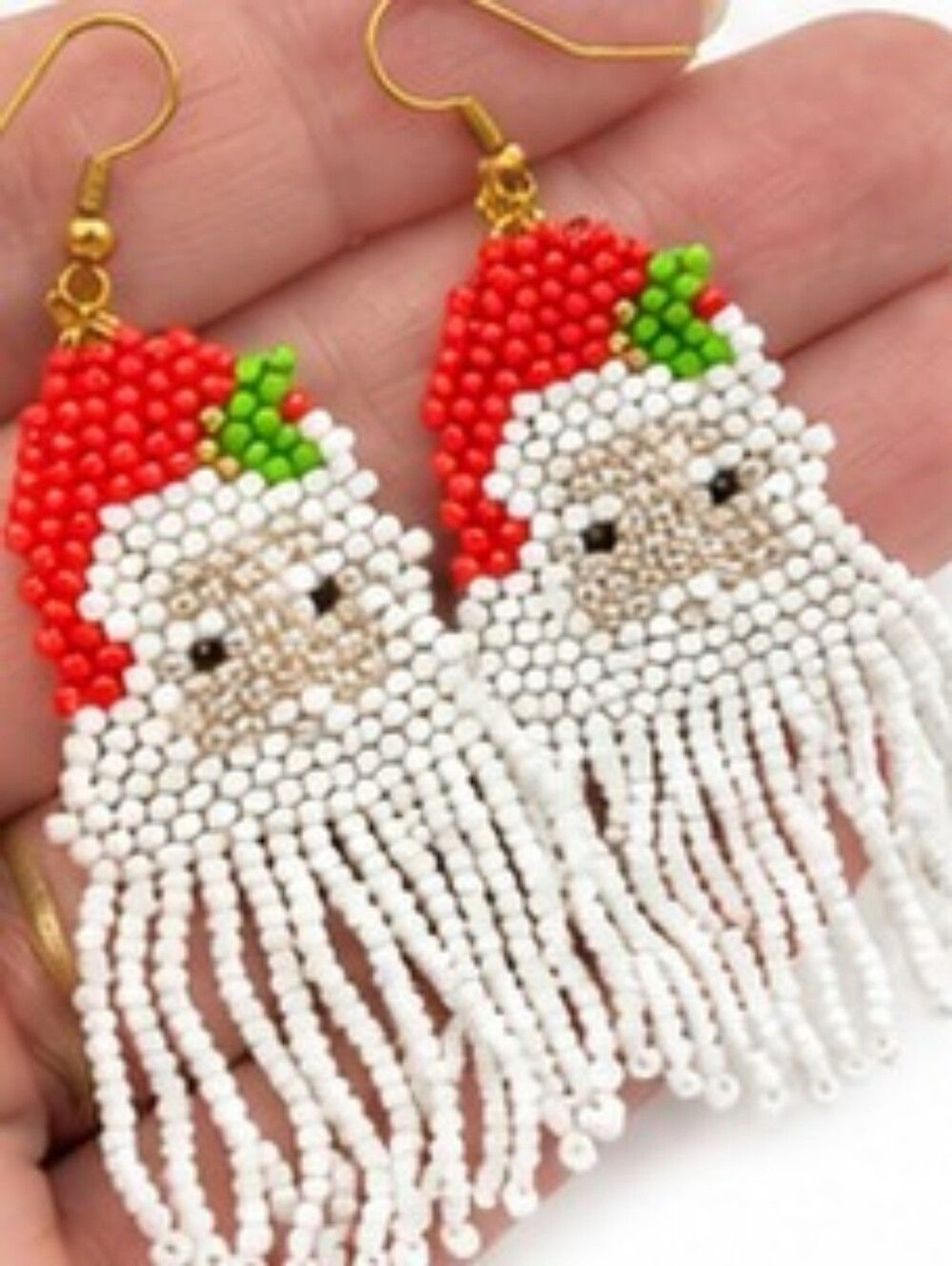 Vintage Handmade Seed Bead Santa Earrings Christmas Fringe Dangle Earrings