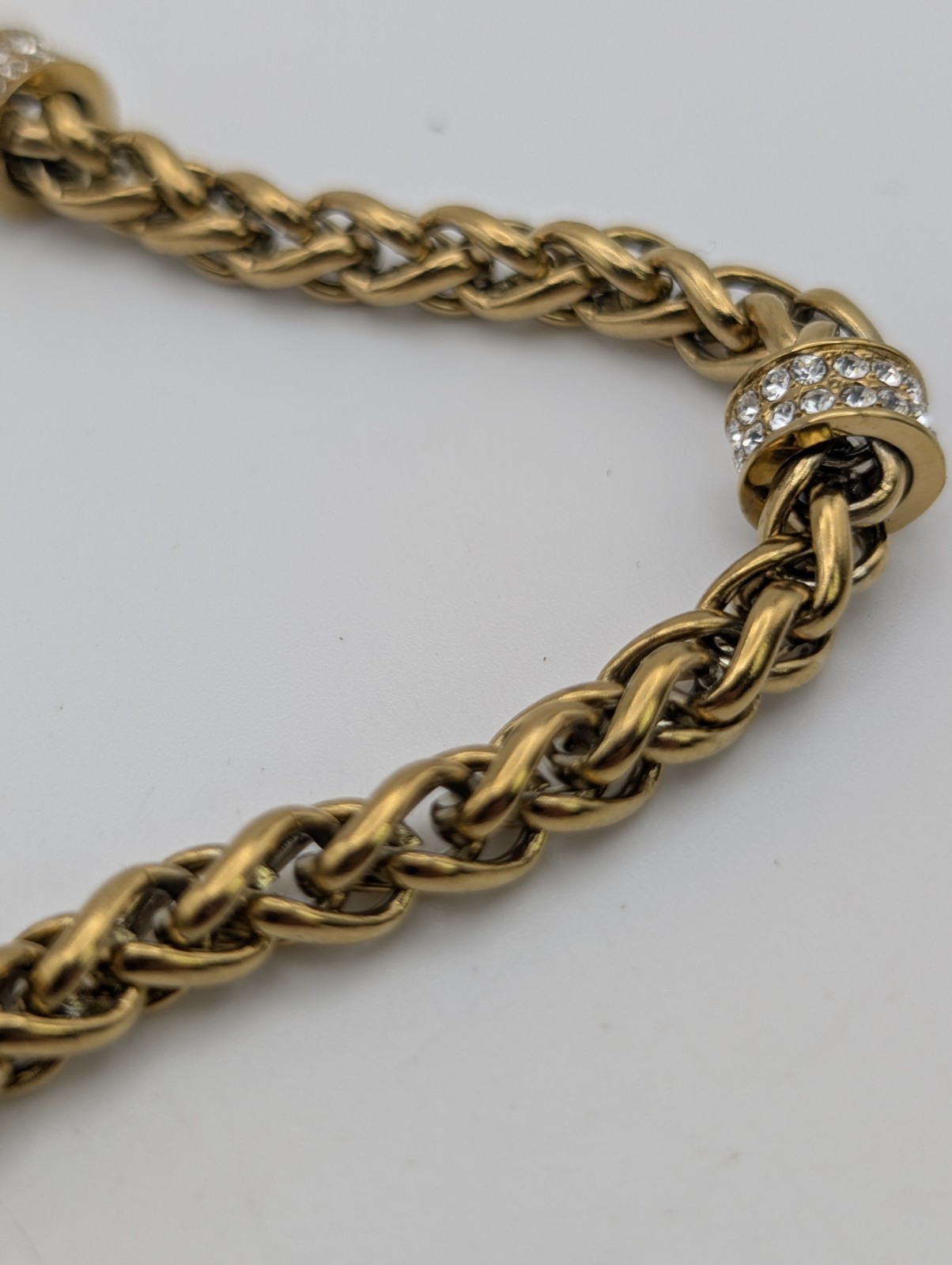 JCM Stainless Steel Gold Tone Wheat Chain Necklace Crystal Accents 18″