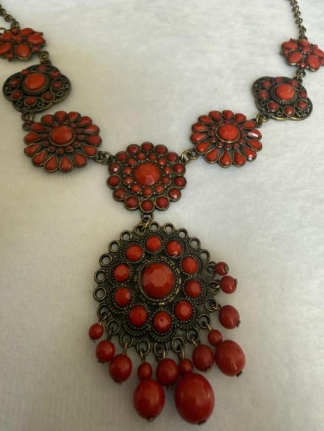 Orange Faux Coral Filigree Boho Statement Necklace 23″ + 3″ Extender