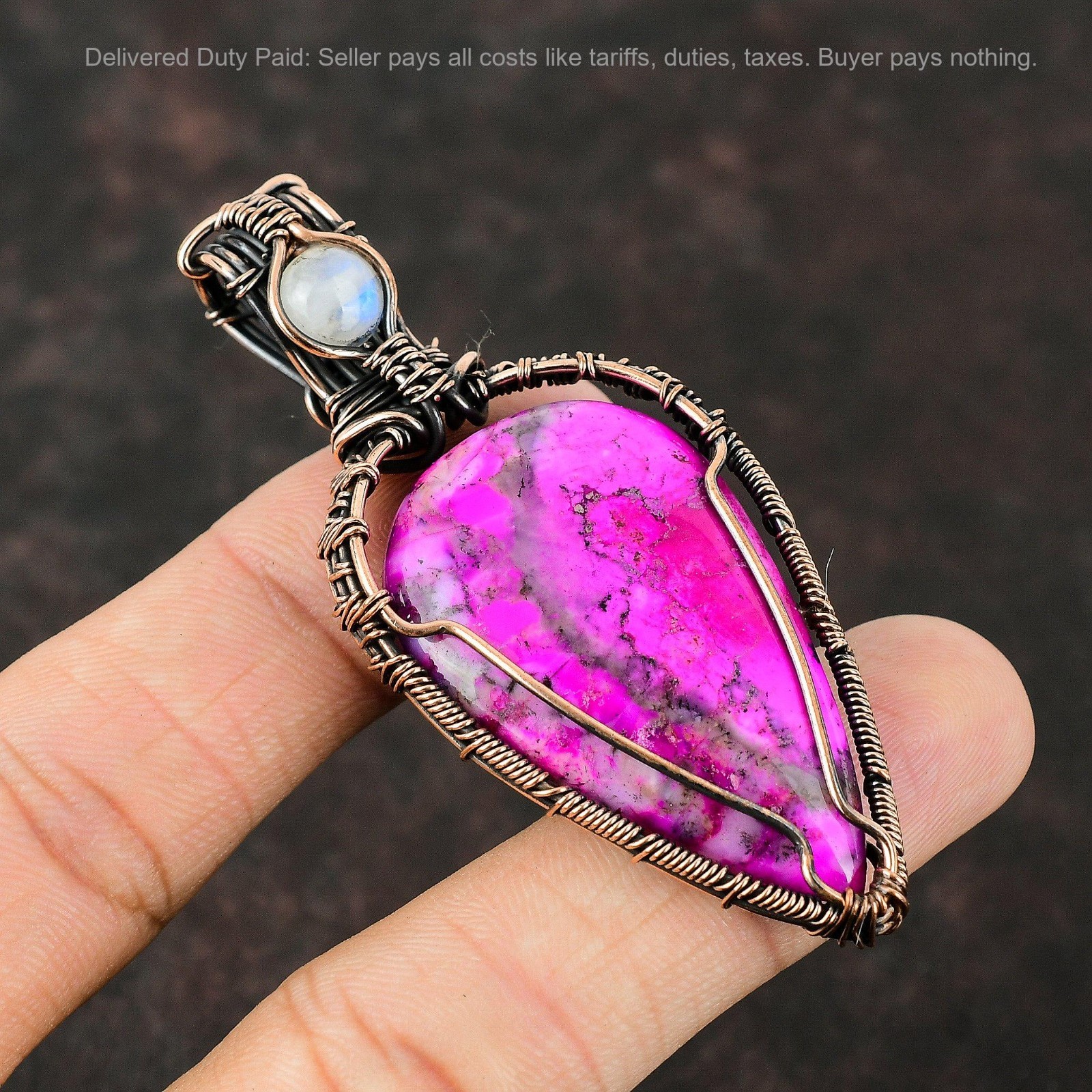 Natural Pink Dendrite Opal Rainbow Moonstone Wire Wrapped Pendant Jewelry Copper