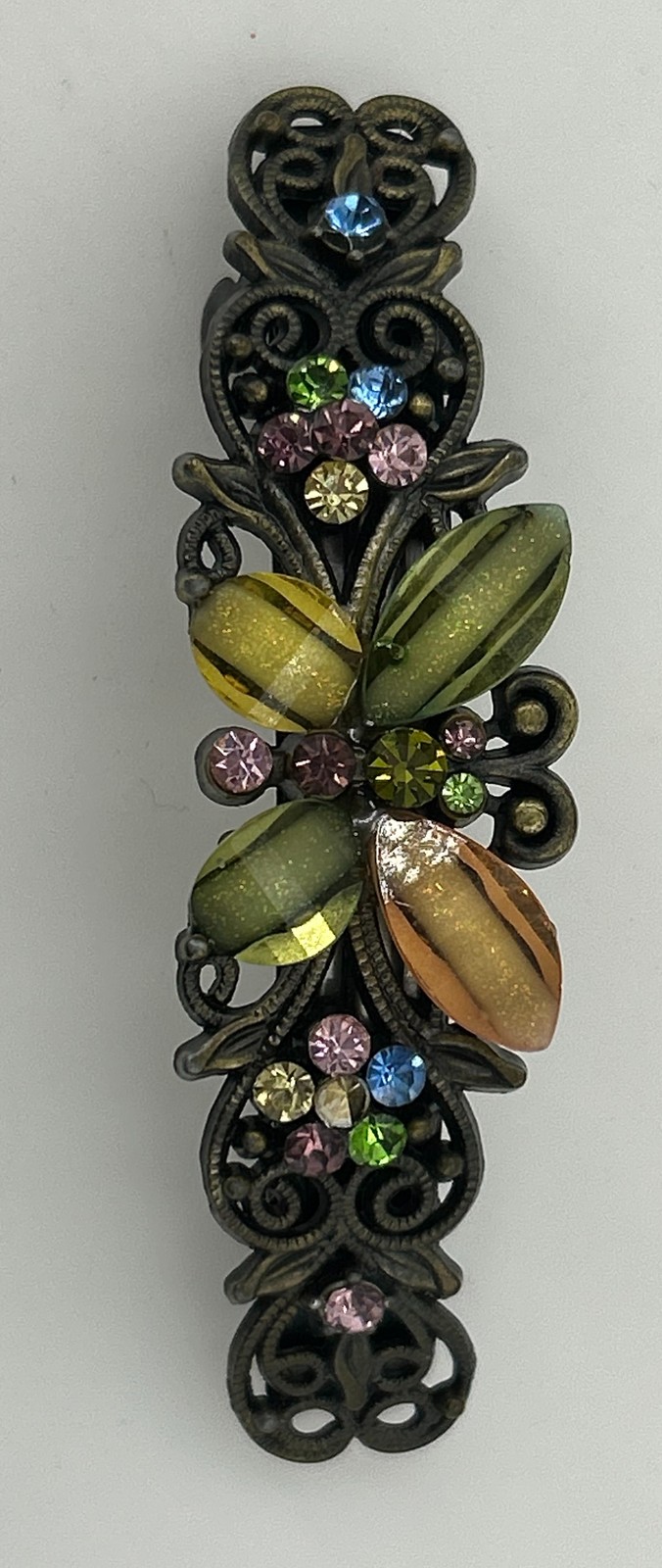 Vintage Style Filigree Hair Barrette Clip Multi-Color Rhinestone & Iridescent