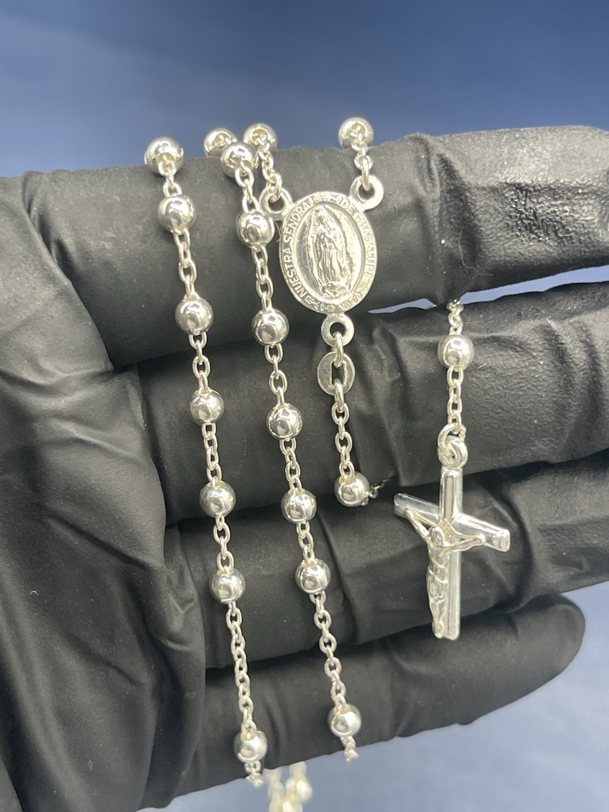 Sterling Silver 925 26 inch Rosary Beads Necklace w/ Crucifix 15.9 Grams
