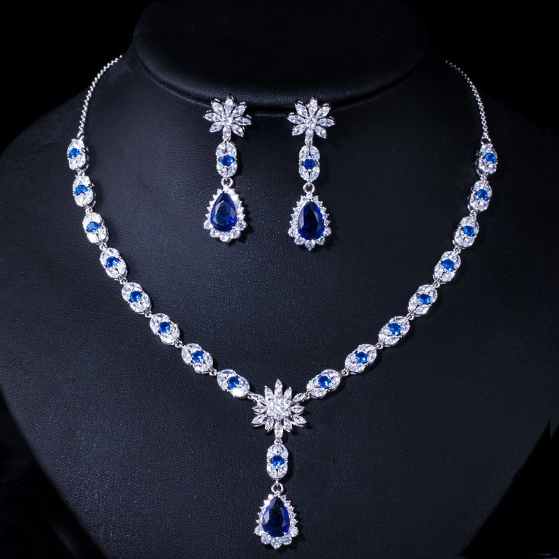Blue CZ Flower Water Drop Bridal Wedding Necklace Earrings Costume Jewelry Set