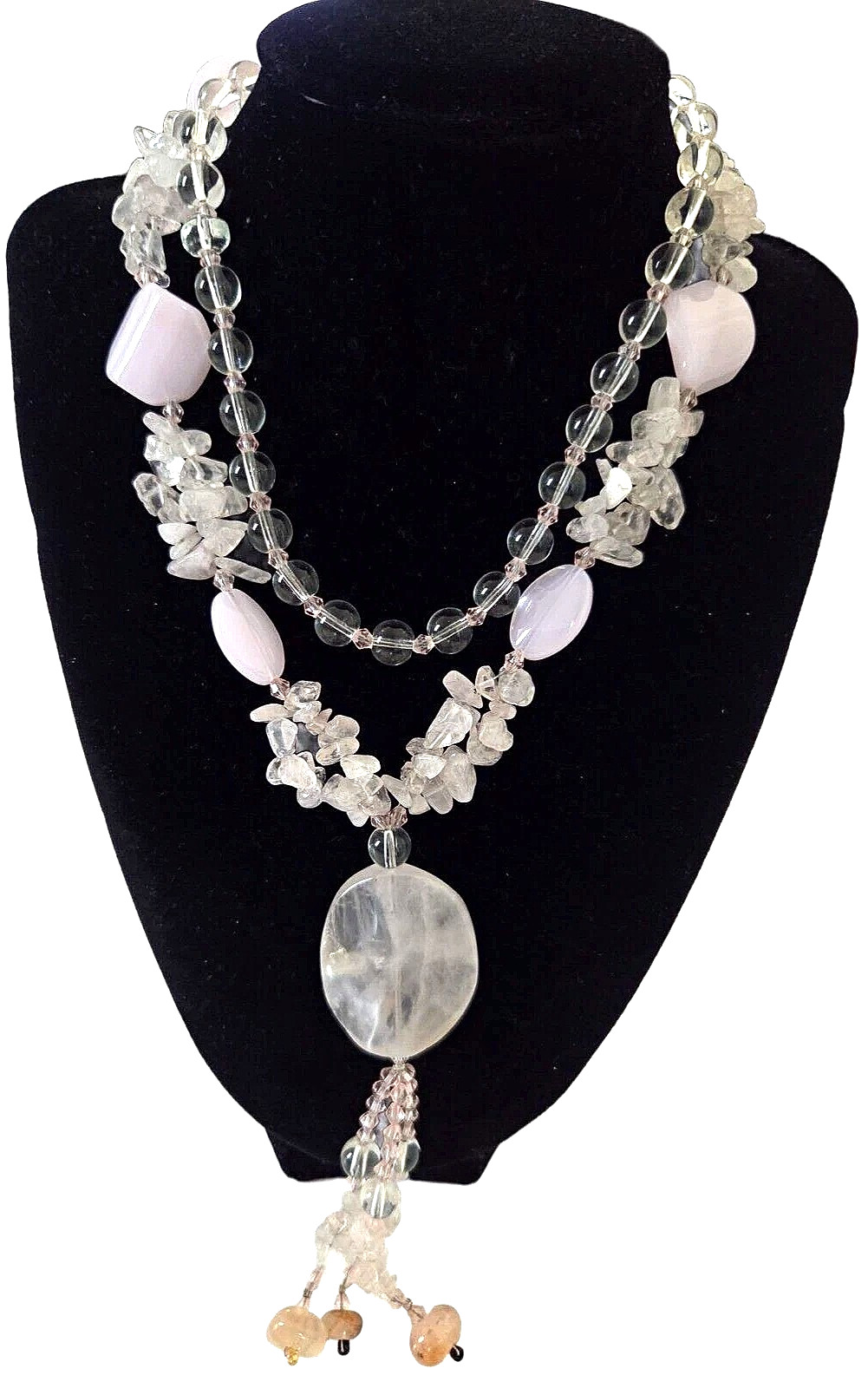 Clear Quartz Pink and Clear Glass Beaded Pendant Tassle Statement Necklace 37″
