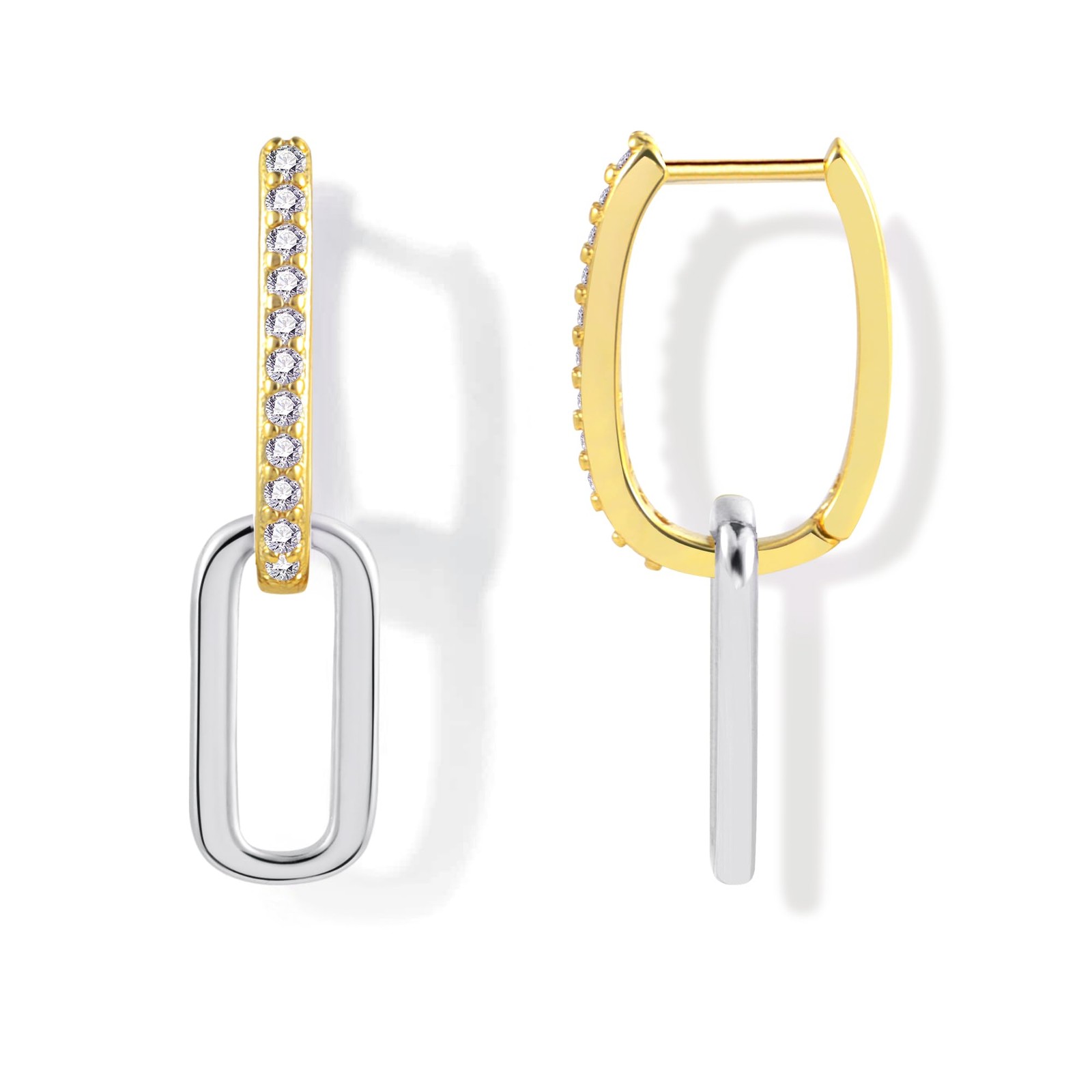 14K Two Tone Gold Silver Hoop Earrings for 11.5 millimeters, Silver-CZ