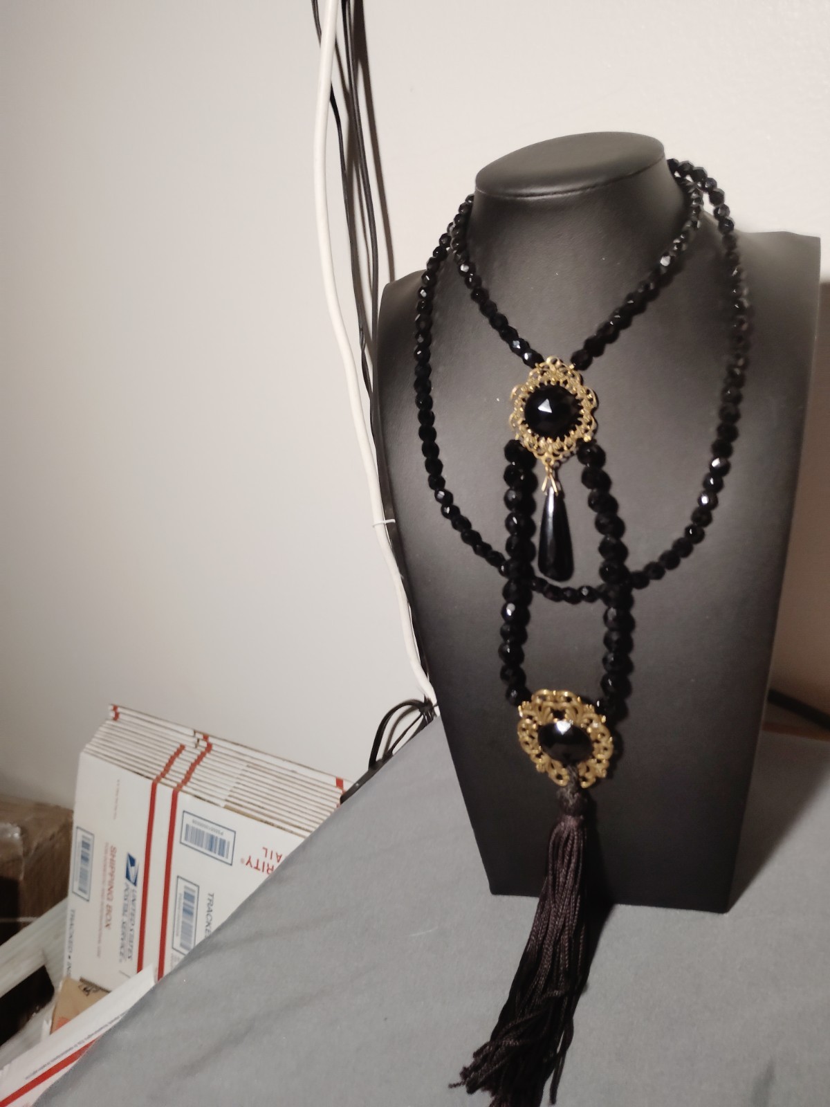 Victorian Revival Black Faceted Bead Multi Strand Tassel Necklace Gold Tone