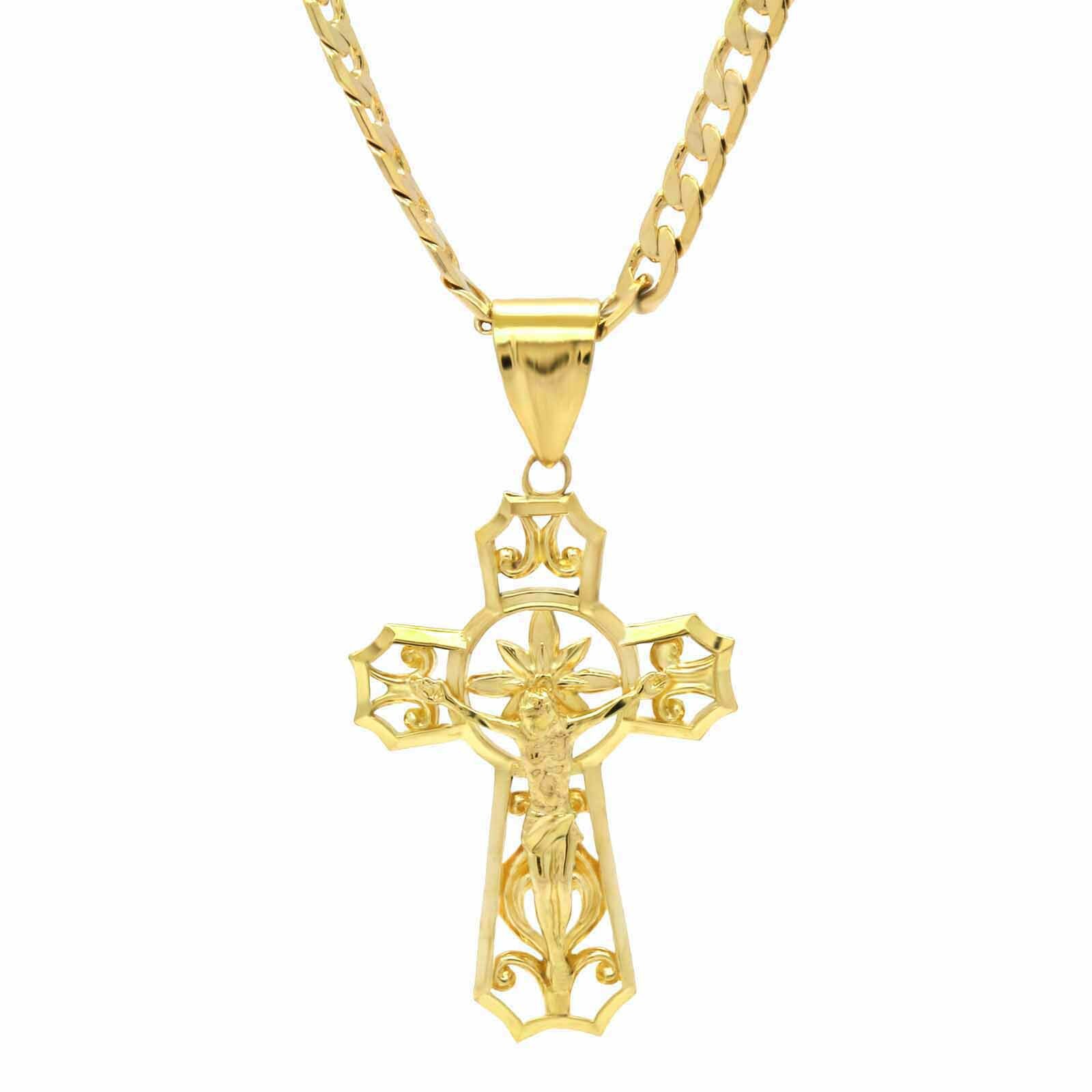 Mens 18k Gold Plated Brass Jesus Curve Cross Pendant 6mm 24″ Cuban Chain