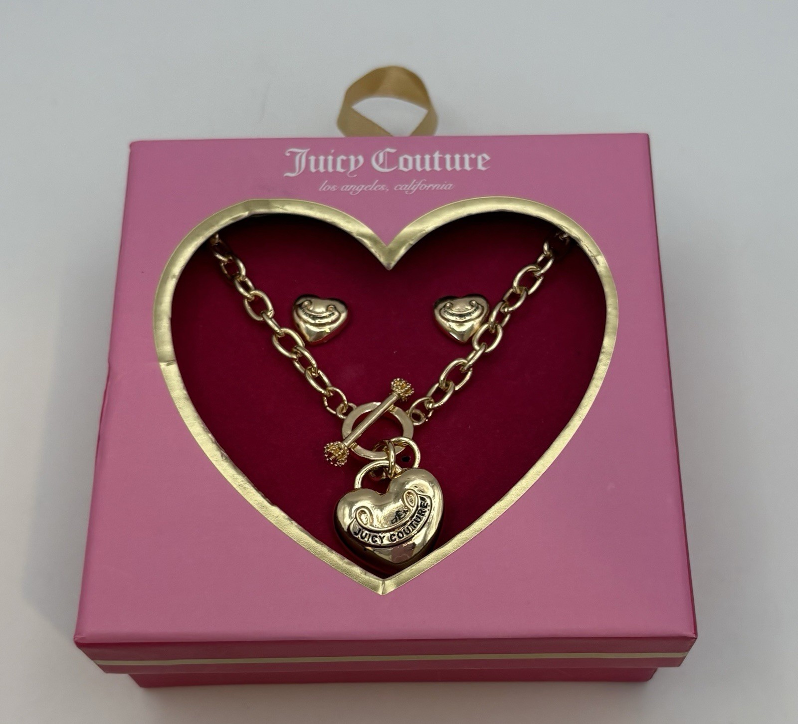 Vintage Juicy Couture Gold Tone Heart Toggle Necklace Earrings Set Y2K Box
