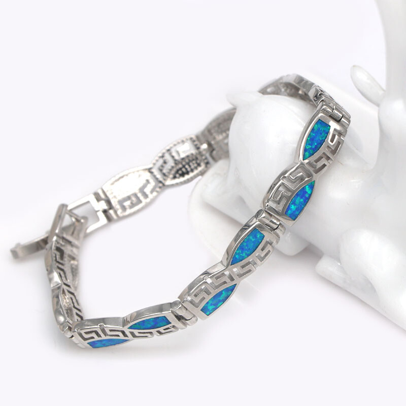 Hawaii Beach Blue Square 925 Sterling Sliver Fire Opal Bracelet 18cm