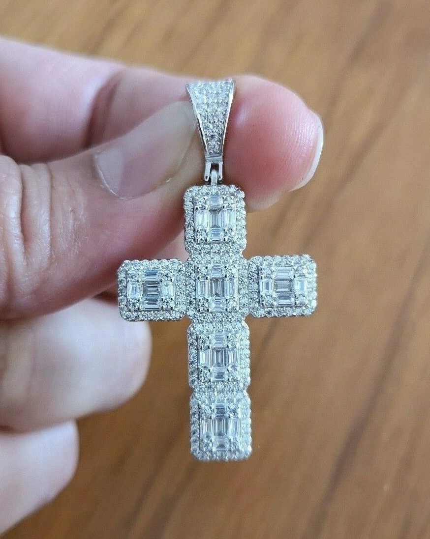 5 Ct Womens Mens Cross Pendant Necklace Simulated Diamond 14K Gold Plated Silver