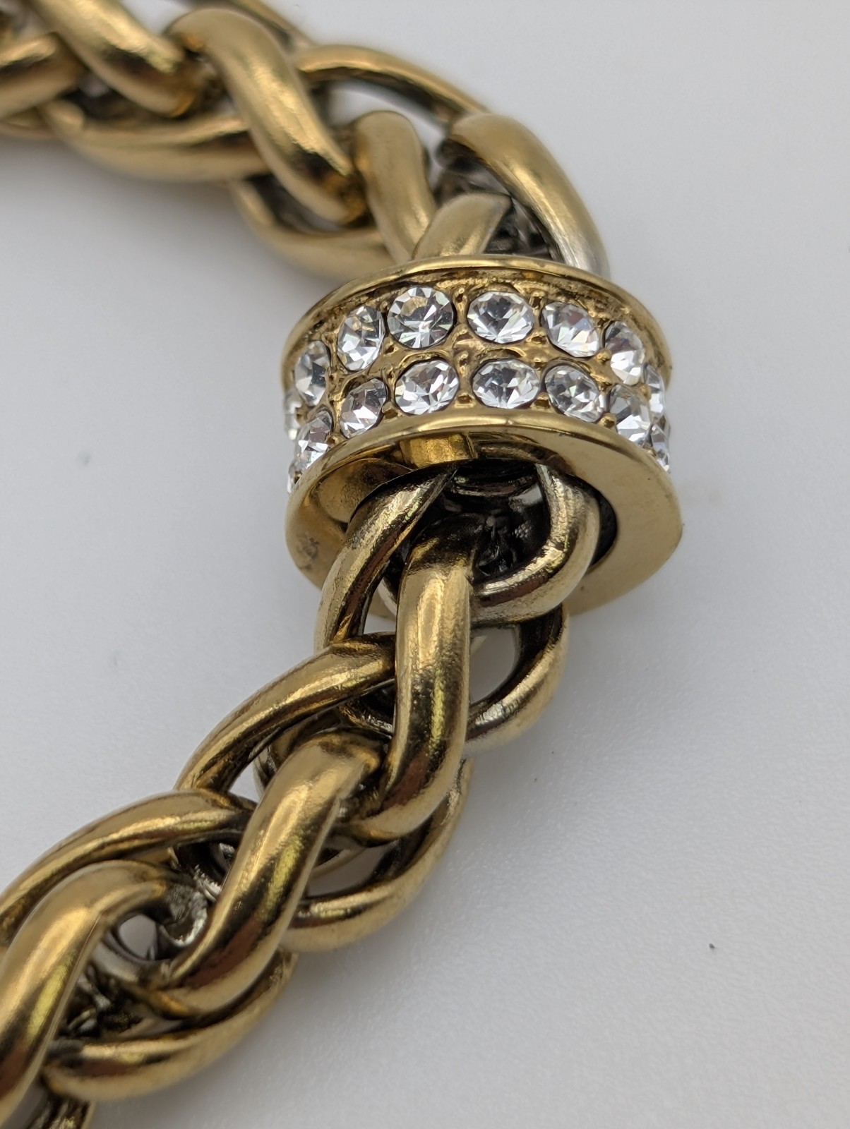JCM Stainless Steel Gold Tone Wheat Chain Necklace Crystal Accents 18″