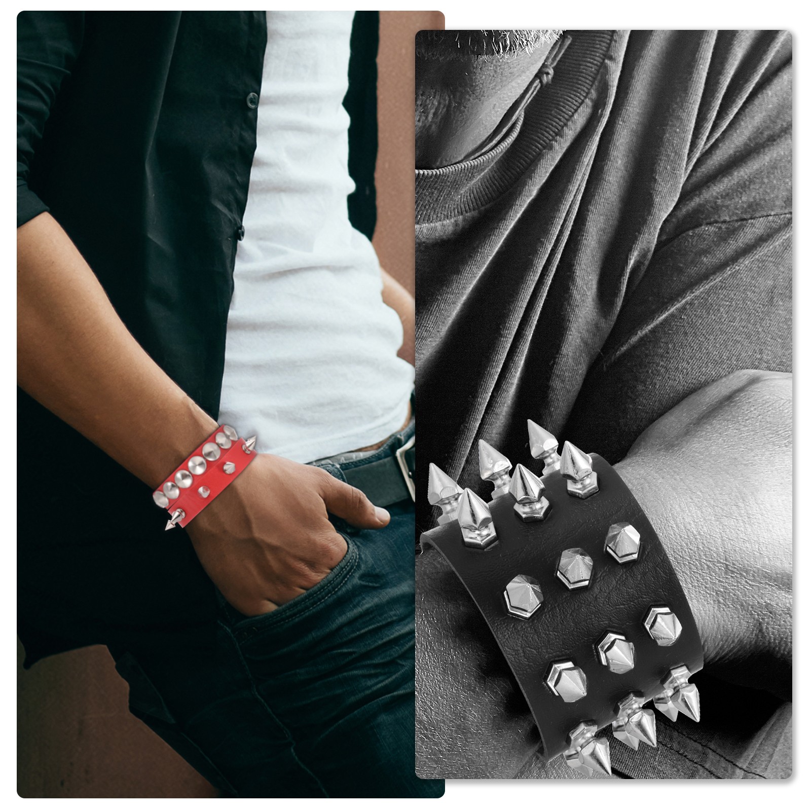 3Pcs Rock Studded Bracelet Set 8.7″/22cm Adjustable Bracelets Brown