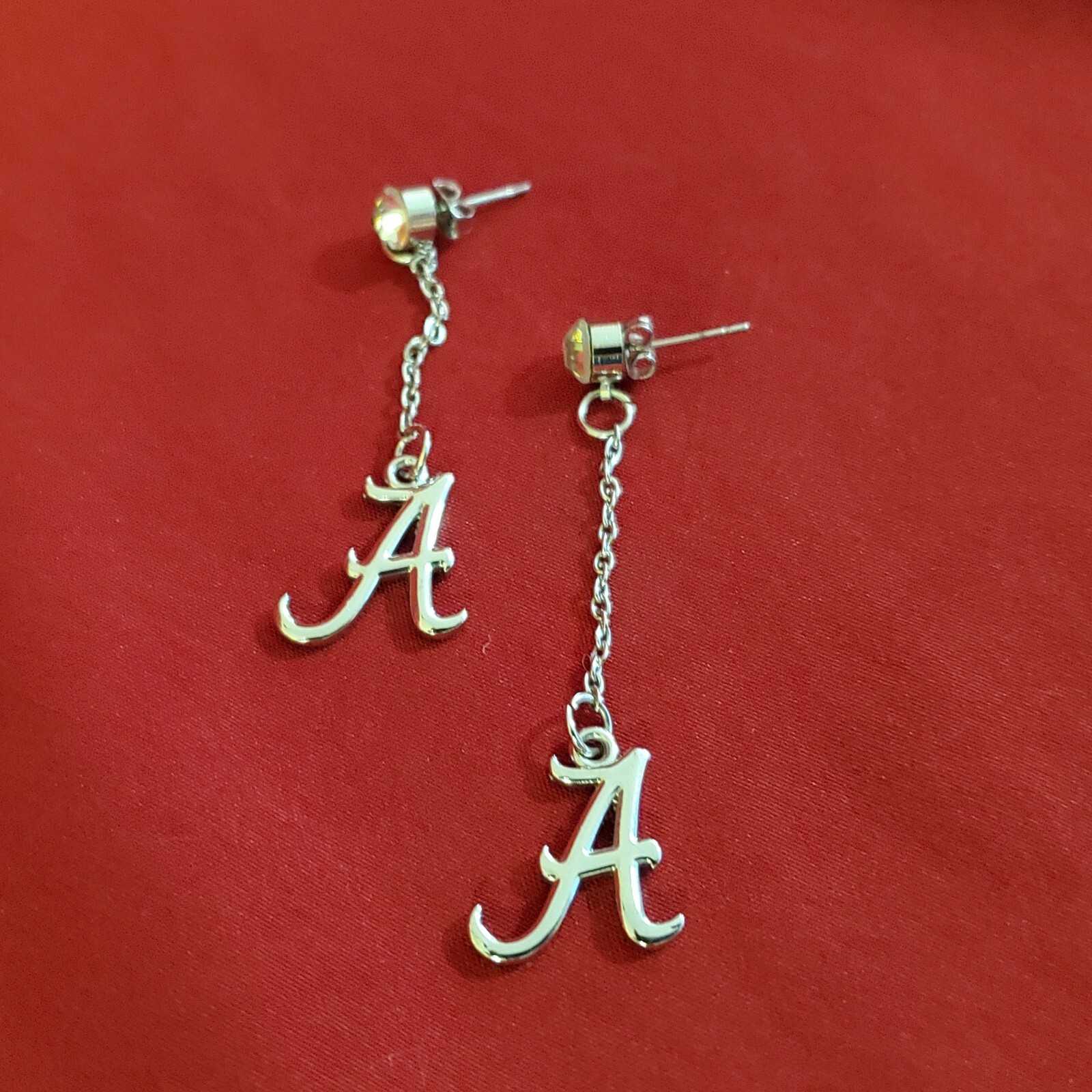 Alabama Crimson Tide Silver Colored Letter A Dangle Earrings with Gemstone!
