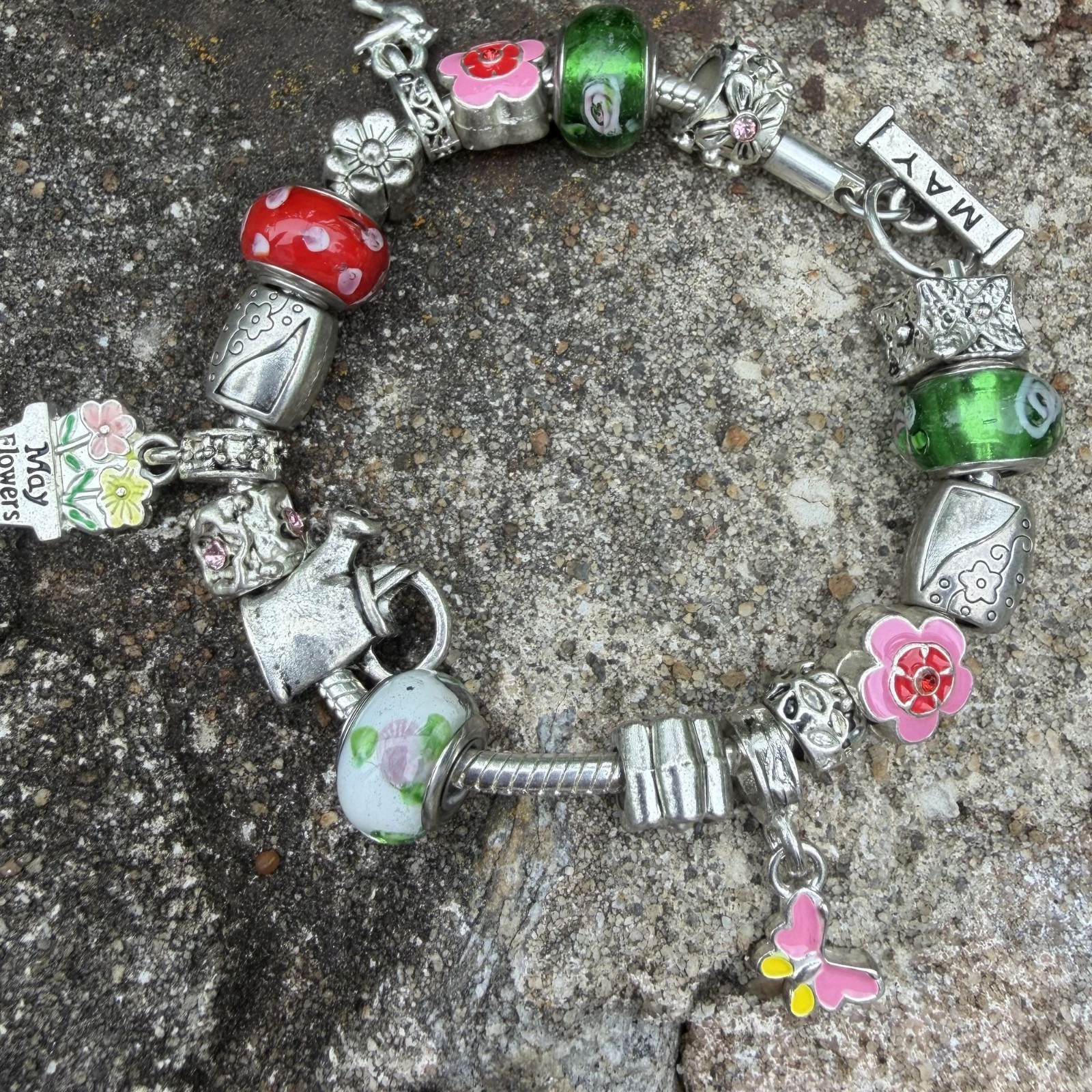 May Birthday Charm Bracelet 8″ Floral Willabee and Ward Danbury Mint Silvertone
