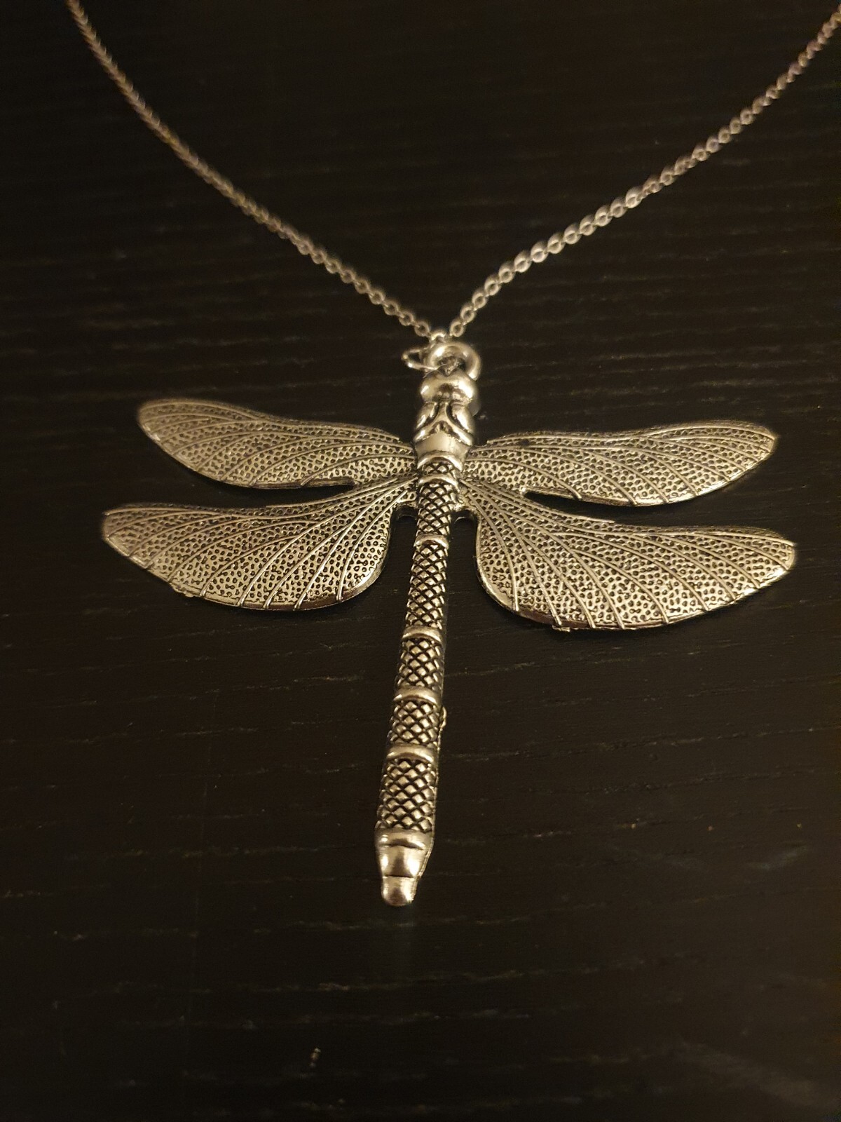 Large Dragonfly Pendant Necklace Silver tone 22 in