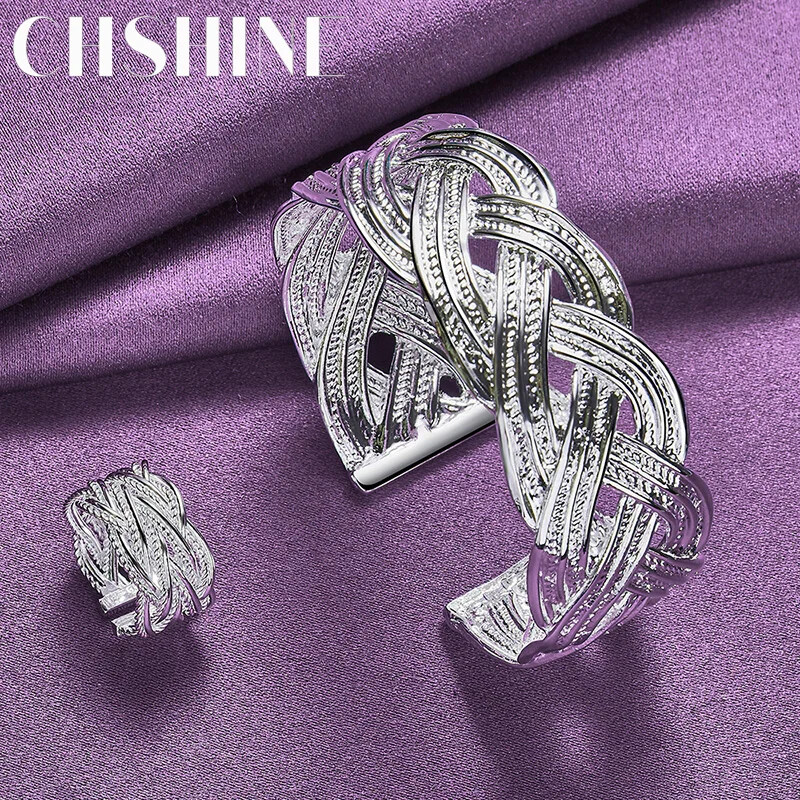 CHSHINE 925 Sterling Silver Adjustable Bracelet Bangle Ring Charm Jewelry Sets