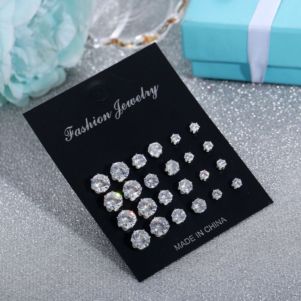 12 Pairs Round Six Prong Zircon Stud Earrings Silver Alloy for Work Events