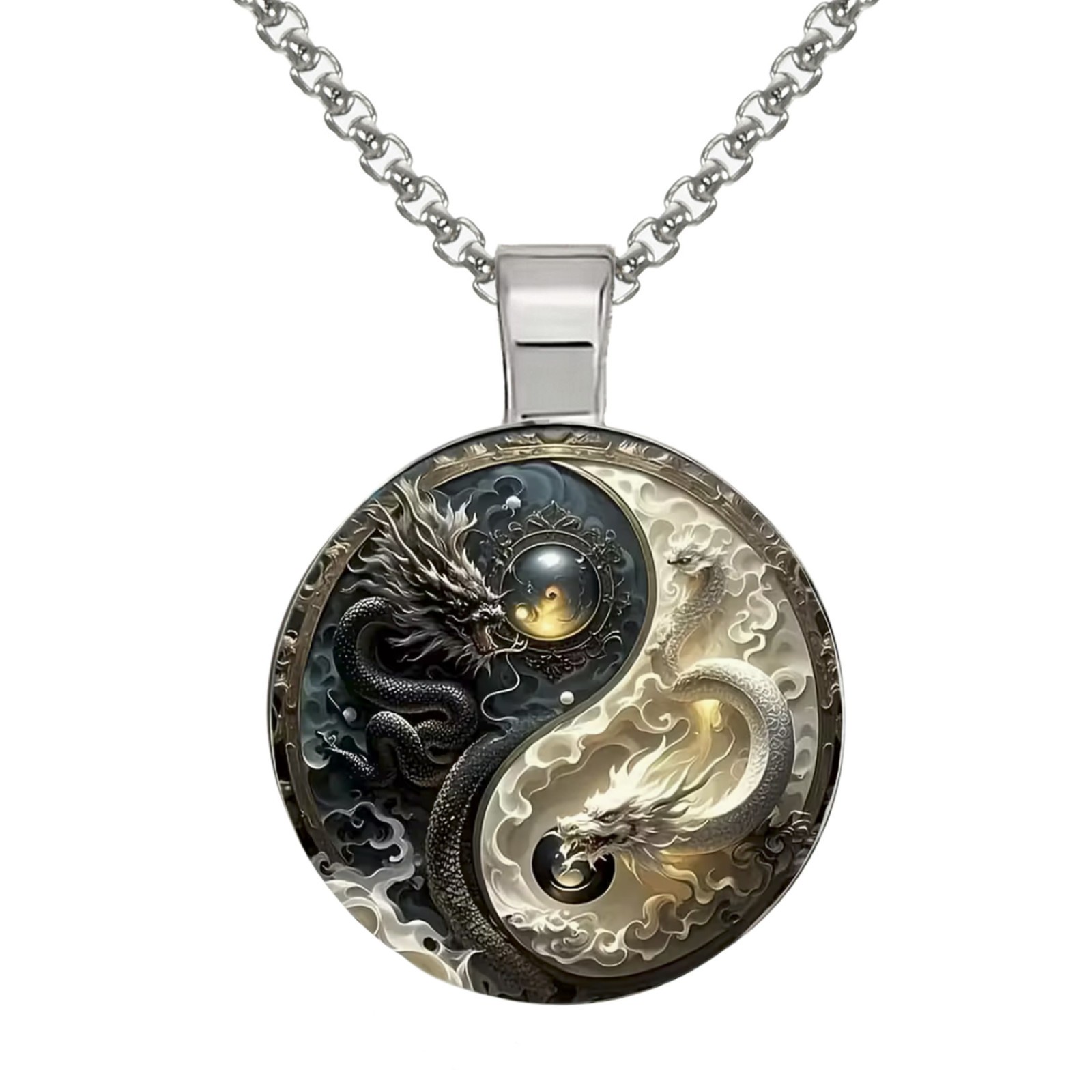 Intricate High Detail 2-D Yin Yang Dragon Pendant, Stainless Steel Chain