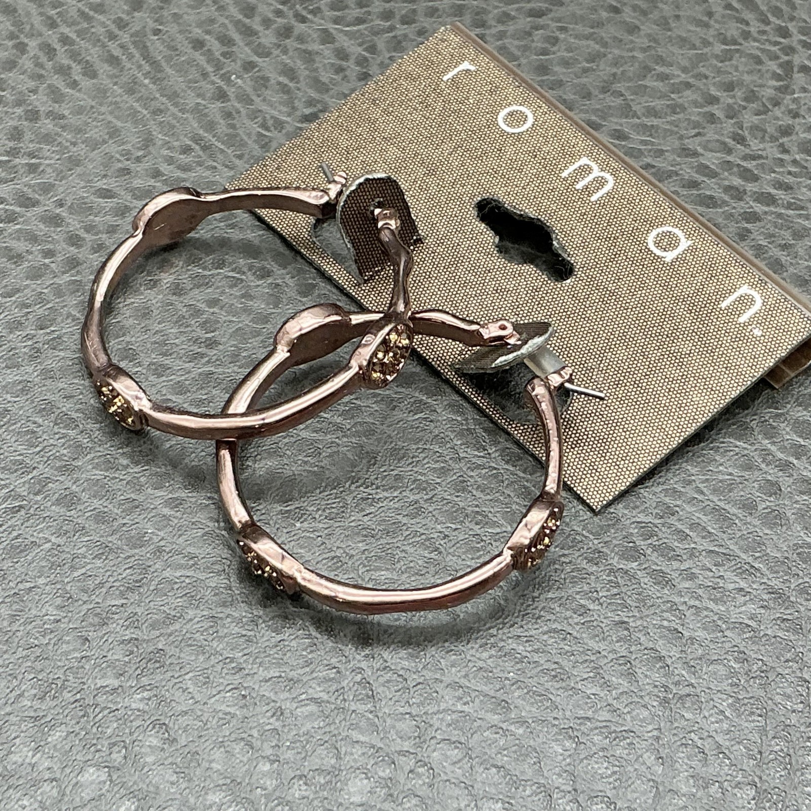 Roman Earrings Copper Bronze Tone Textured Hoop Crystal Accents Fashion Jewelry