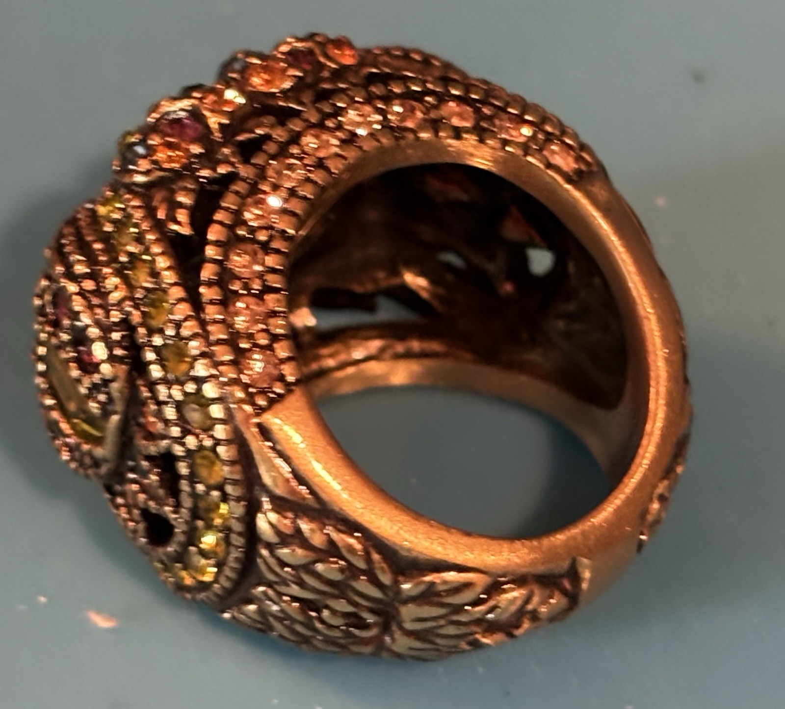 Heidi Daus Signed Adjustable Bracelet & Ring Set Gold Tone Orange Crystal