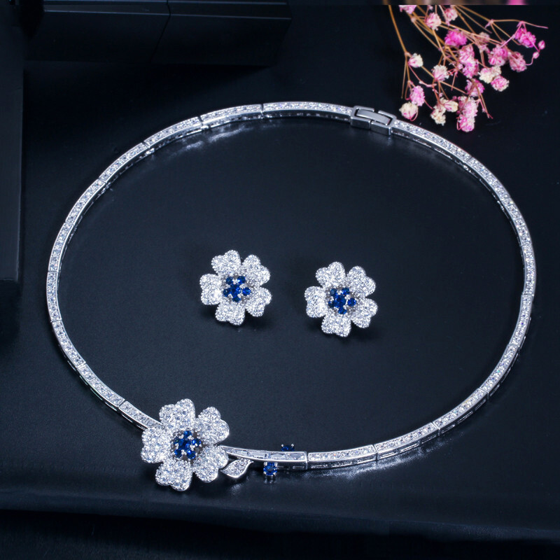 Silver Plated CZ Green Flower Choker Women Party Necklace Earrings Jewelry Set