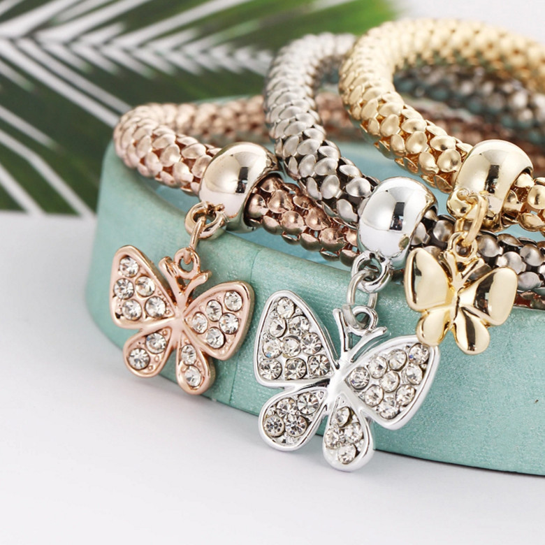 Women’s Fashion Jewelry 3 Piece Silver Rose Gold Butterfly Bangle Bracelet 44-8