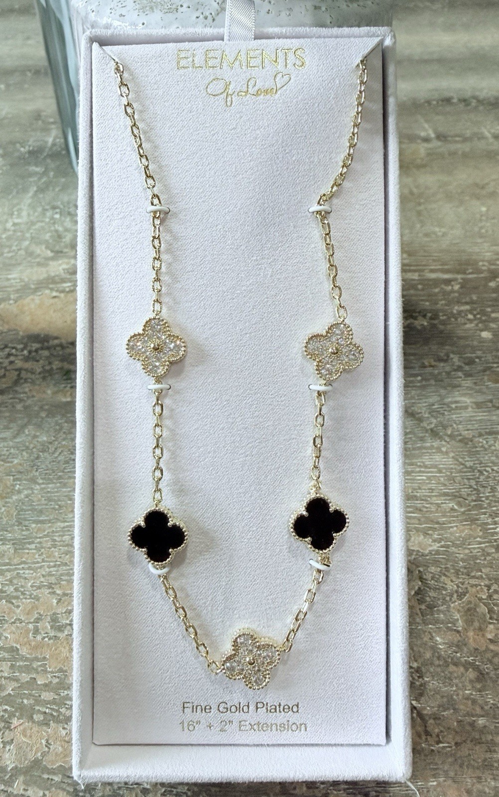 Elements Fine Gold Plated Black & CZ Clover Necklace 16” + 2” Extender NWT