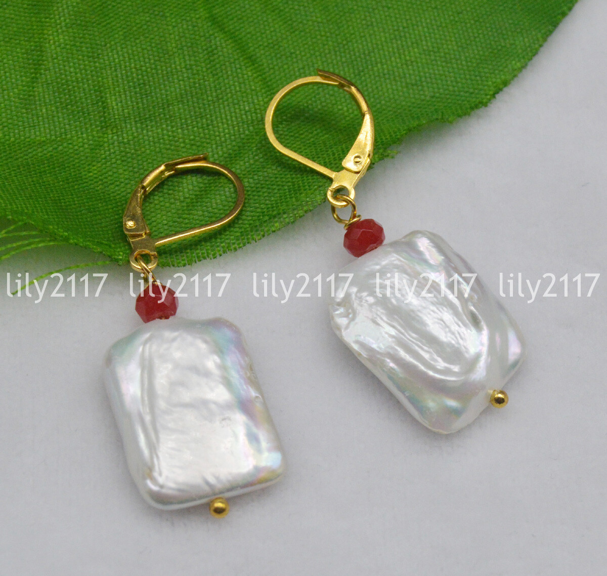 Natural 15x20MM Rare South Sea White Baroque Pearl Red Jade Drop Earrings AA