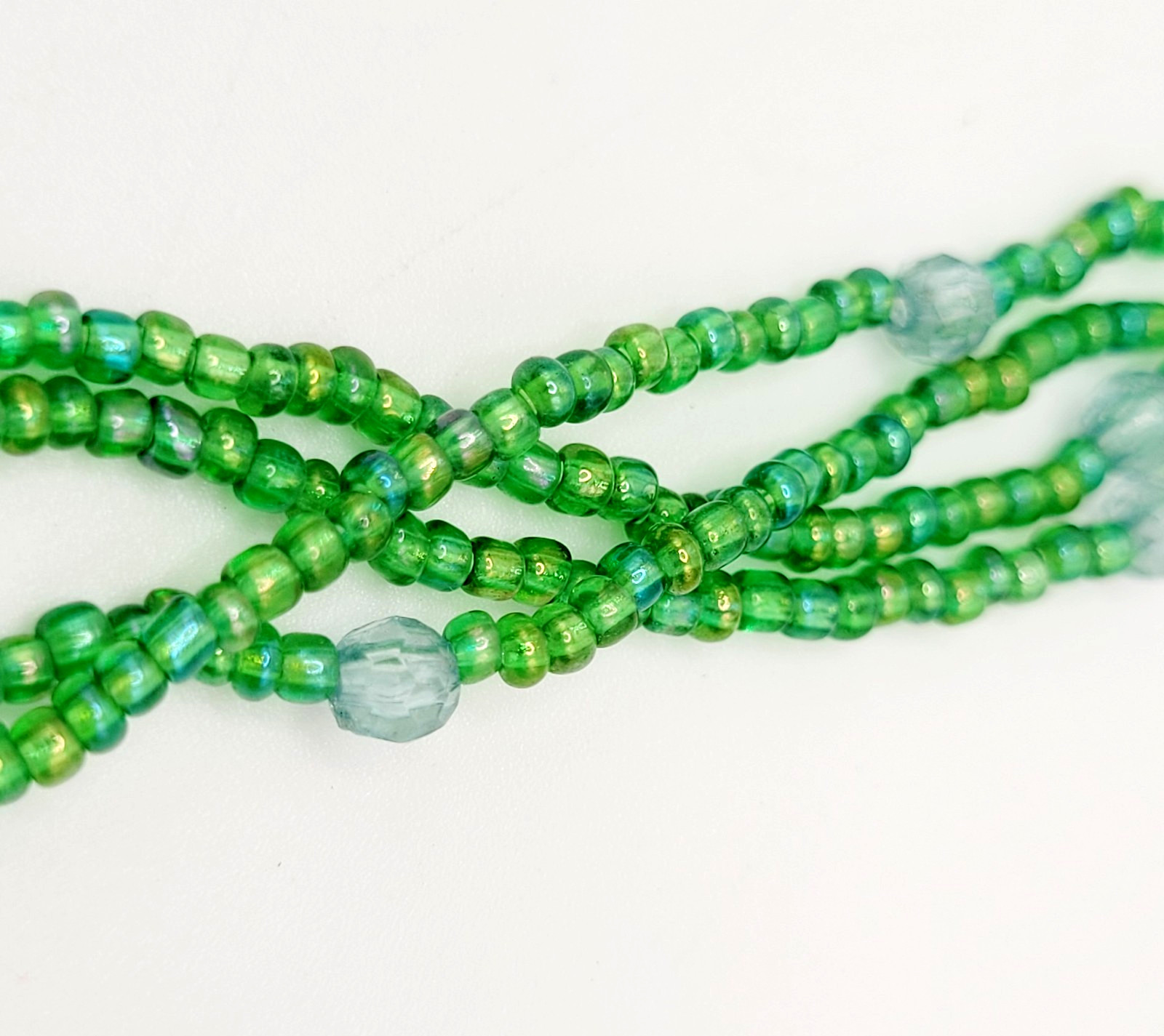 Green Art Glass Pendant Iridescent Seed Bead Multi Strand Necklace Vtg Y2K Era