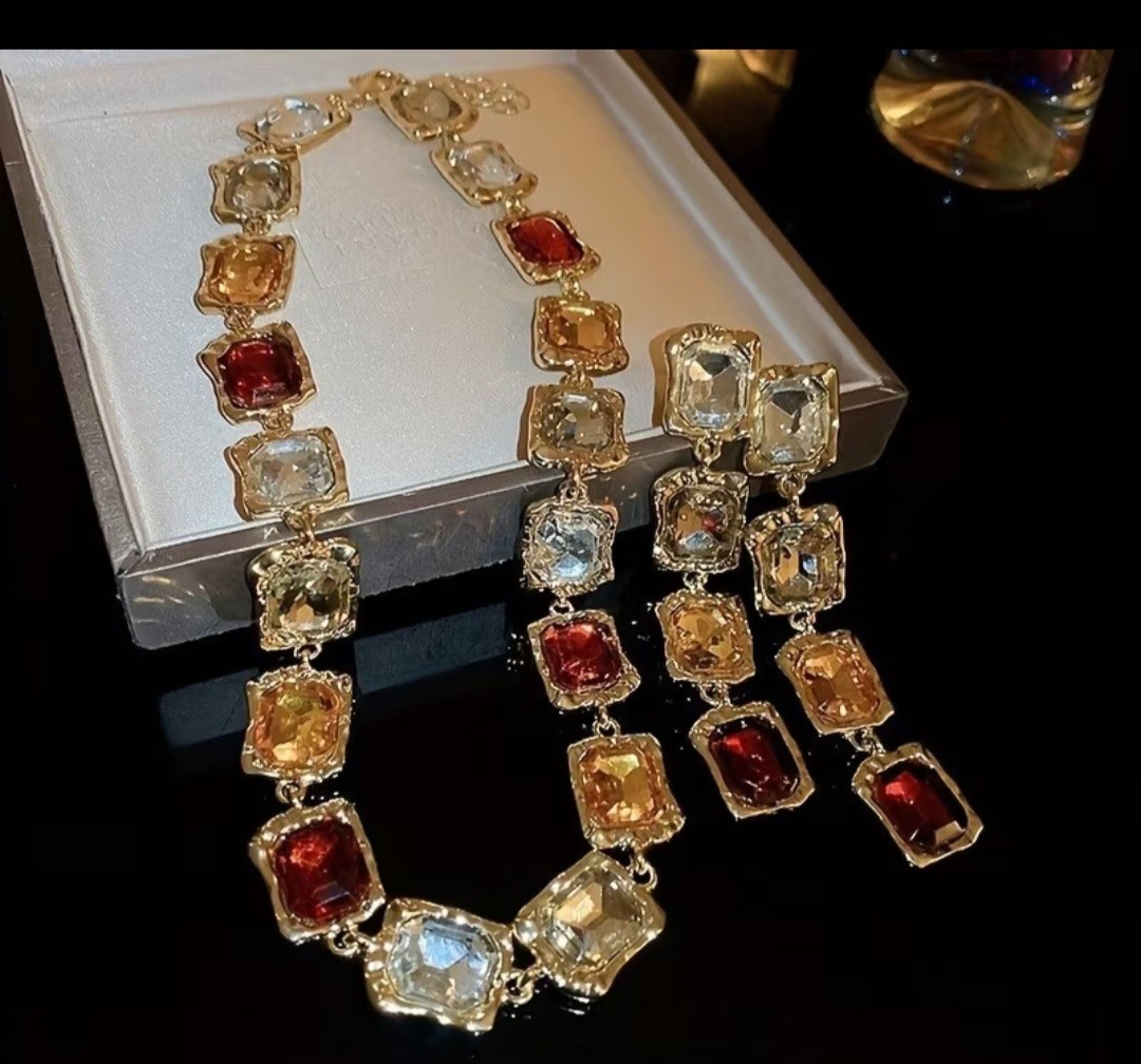 Gold Tone Multicolor Cushion Crystal Necklace & Dangle Earrings Jewelry Set