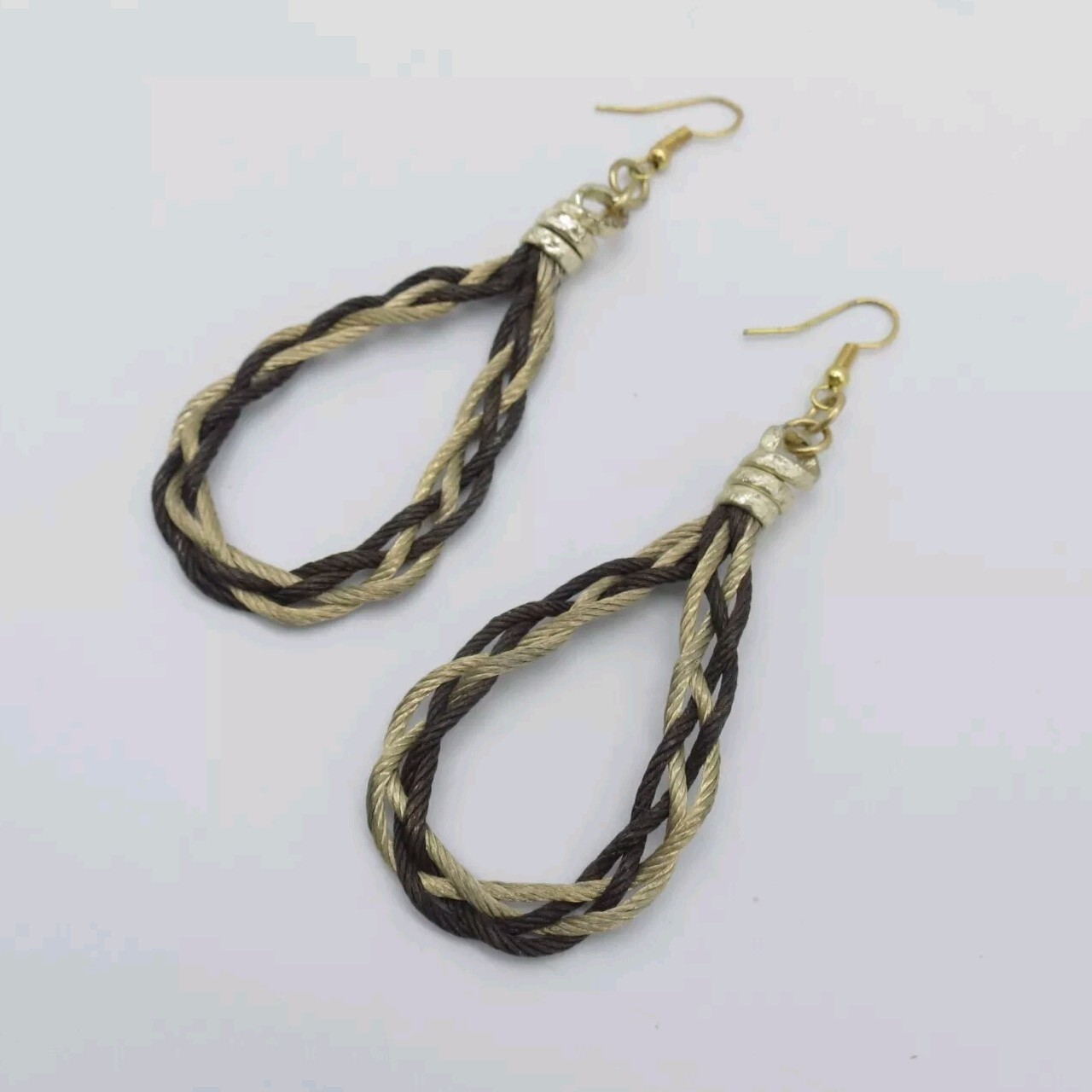 Teardrop Dangle Earrings Brown Beige Braided Rope Gold Tone Boho