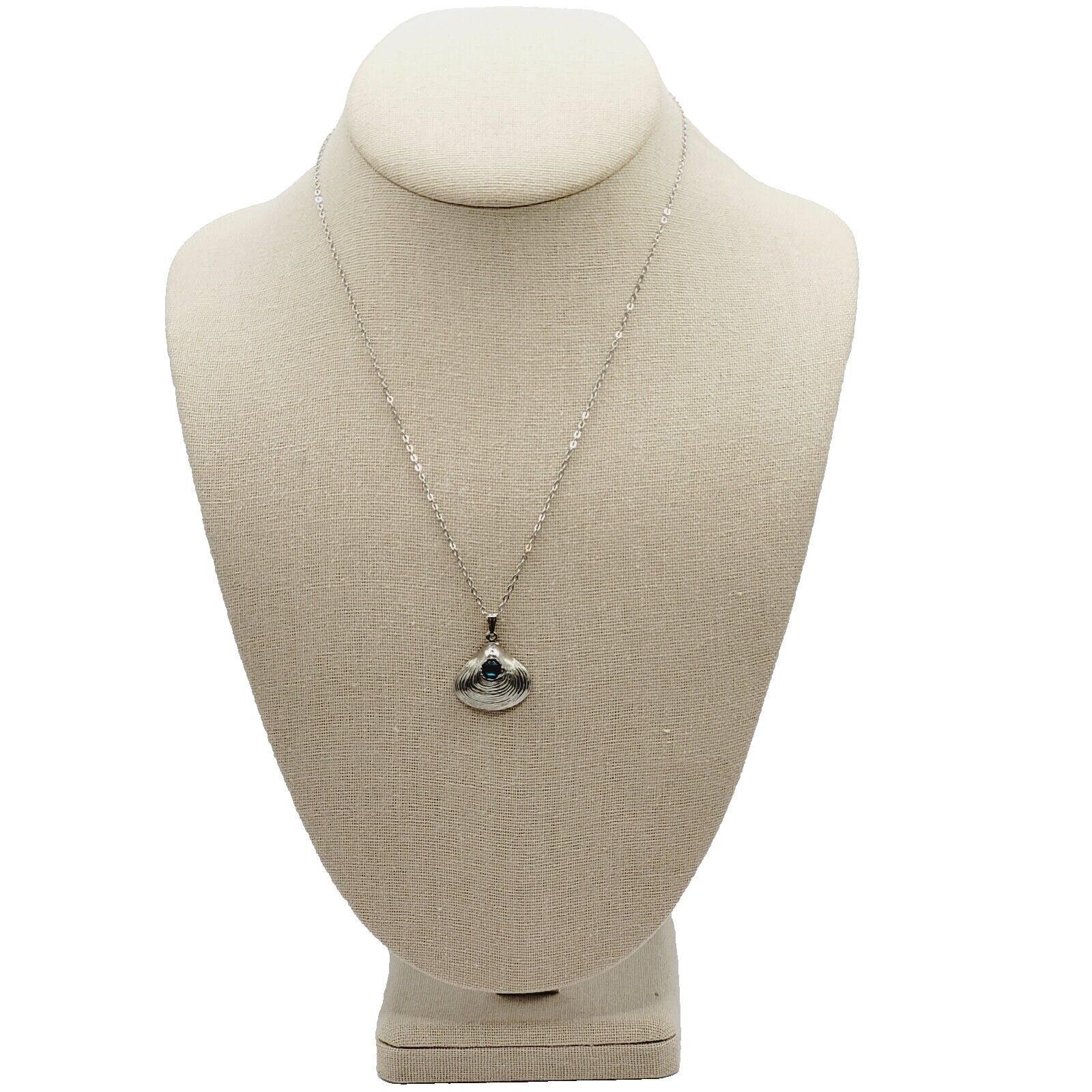 Clam Shell with Blue Stone Center Silver Tone Pendant Necklace Lake Ocean Vibe