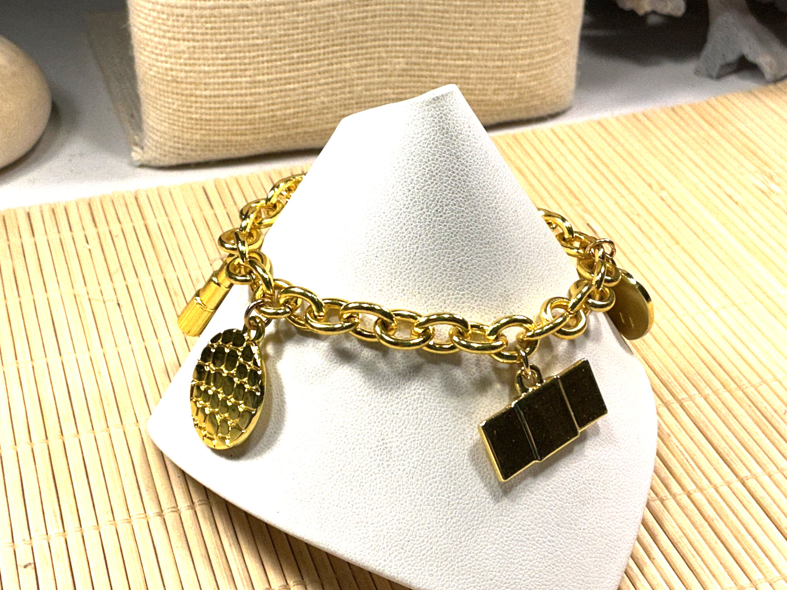 Estee Lauder Bracelet Cast Gold Tone Charms Heart Lipstick Perfume Purse Lot 90A
