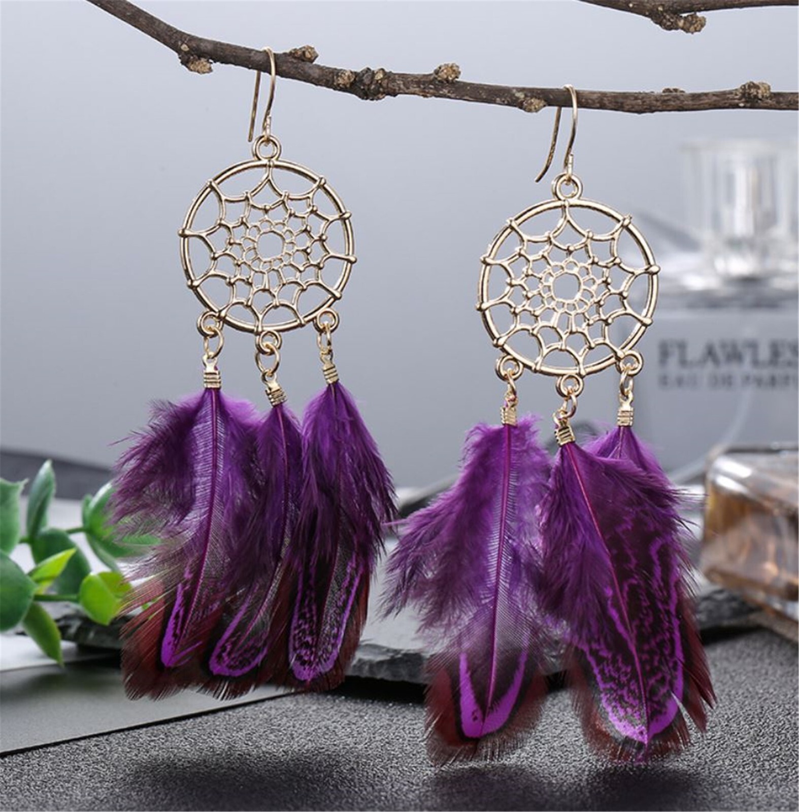 NEW Women Boho Ethnic Dark Purple Feather Dream Catcher Net Dangle Drop Earrings