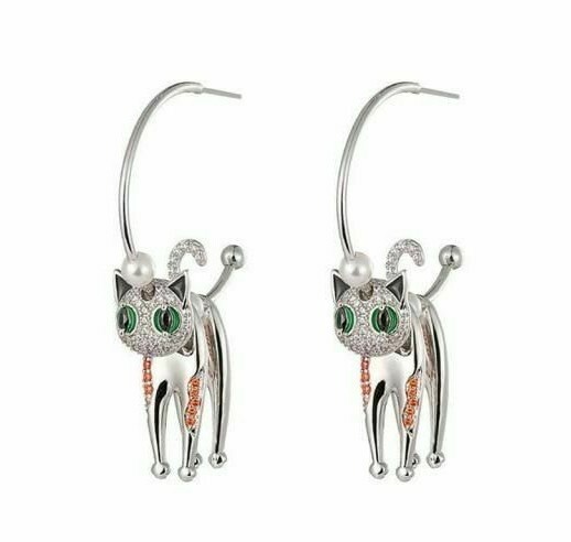 US Seller Betsey Johnson Silver Crystal Cat Dangle Earrings 3D Animal Fashion