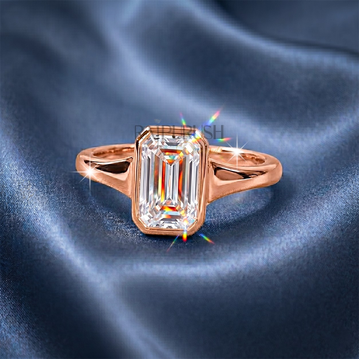 1ct Emerald Cut Moissanite Ring Bezel Set Solitaire 14K Gold Plated 925 Silver