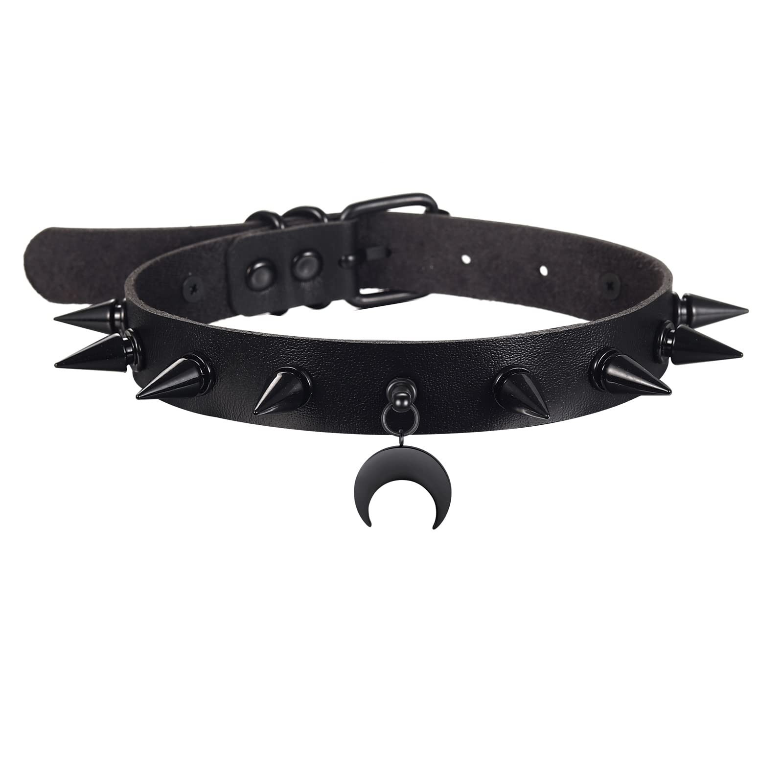 Gothic Spiked Choker Necklace Moon Pendant Faux Leather Collar Black Accessories