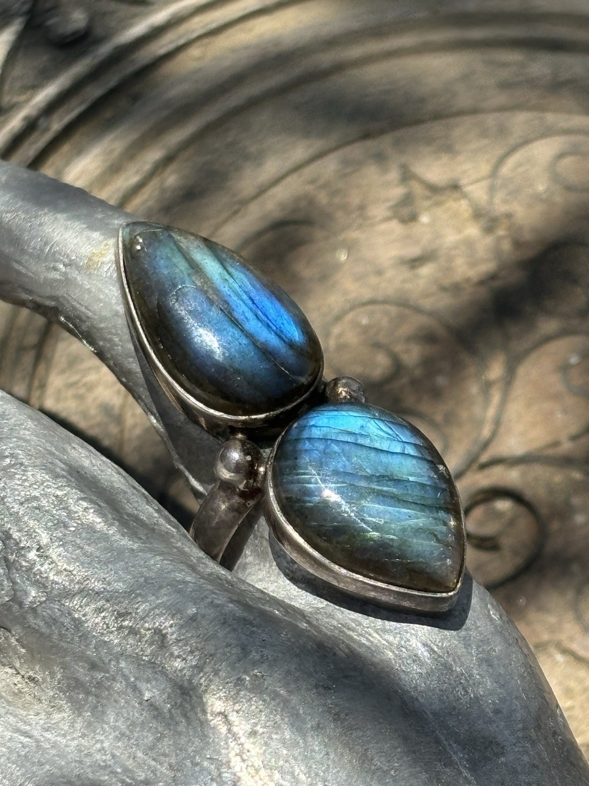 Double pear shaped labradorite gemstone silver ring size 7