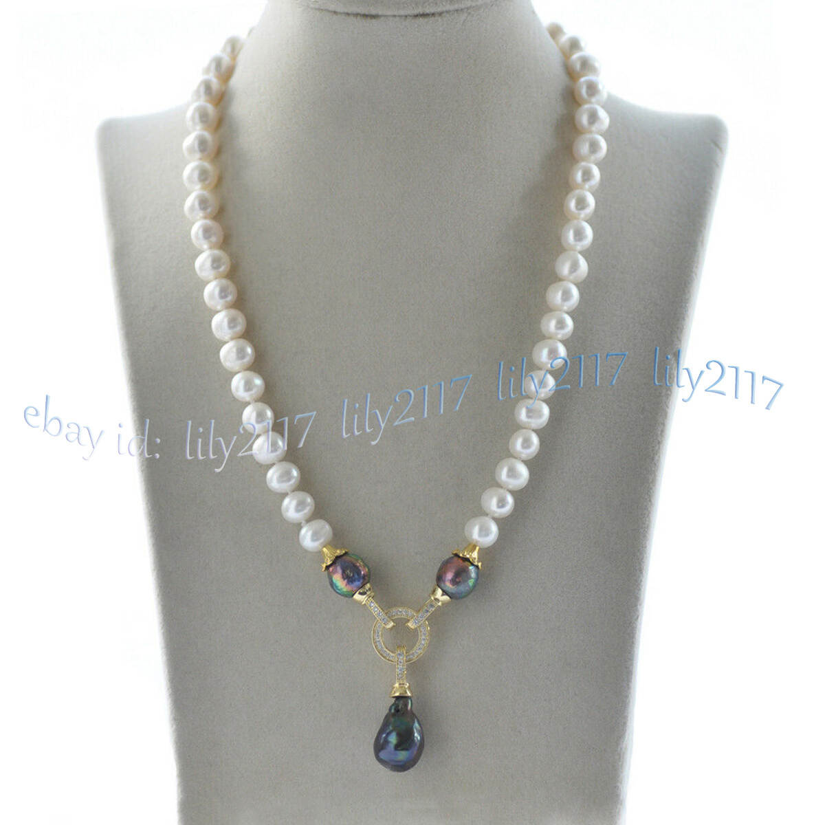 8-9mm White Pearl & Peacock Black Keshi Baroque Pearl Pendant Necklace 16-28”
