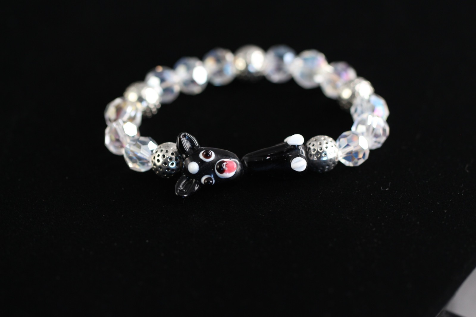 Dog Bracelet Black Lampwork 6.5″ inch Elastic Glass Beads 10mm Faceted Crystal