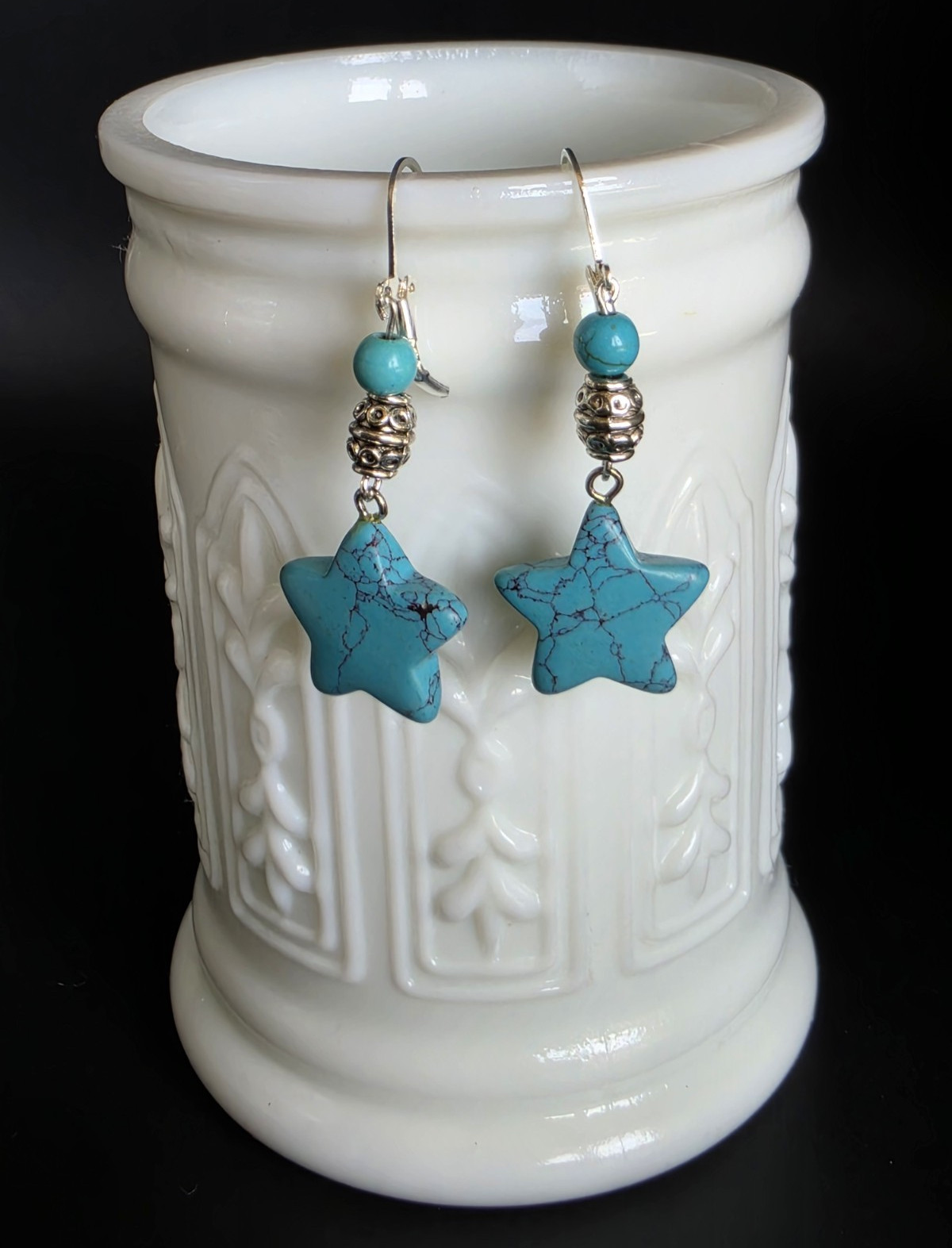 Silver Tone Howlite Turquoise Blue Star Earrings Handcrafted