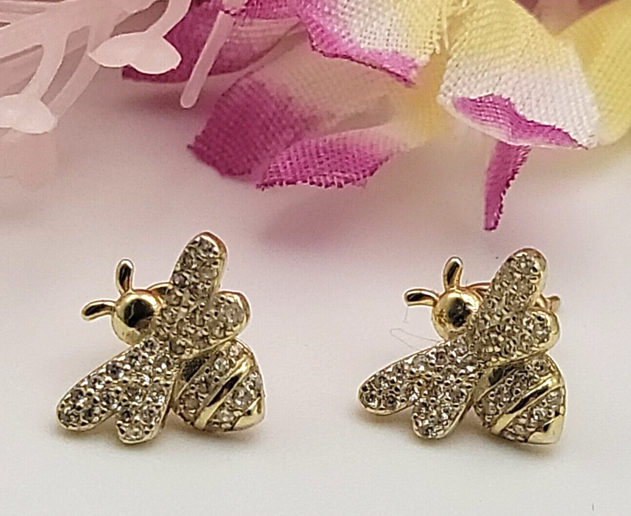 925 ATI CN Figural Honey Bee Stud Earrings Gold Tone Clear Cubic Zirconia Pave