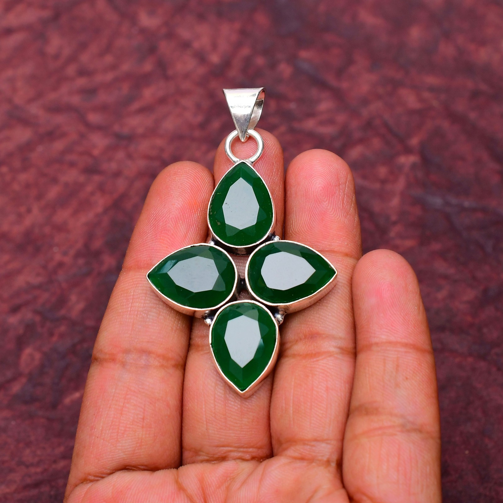 Green Onyx Gemstone 925 sterling silver Handmade jewelry Pendant 2.28″